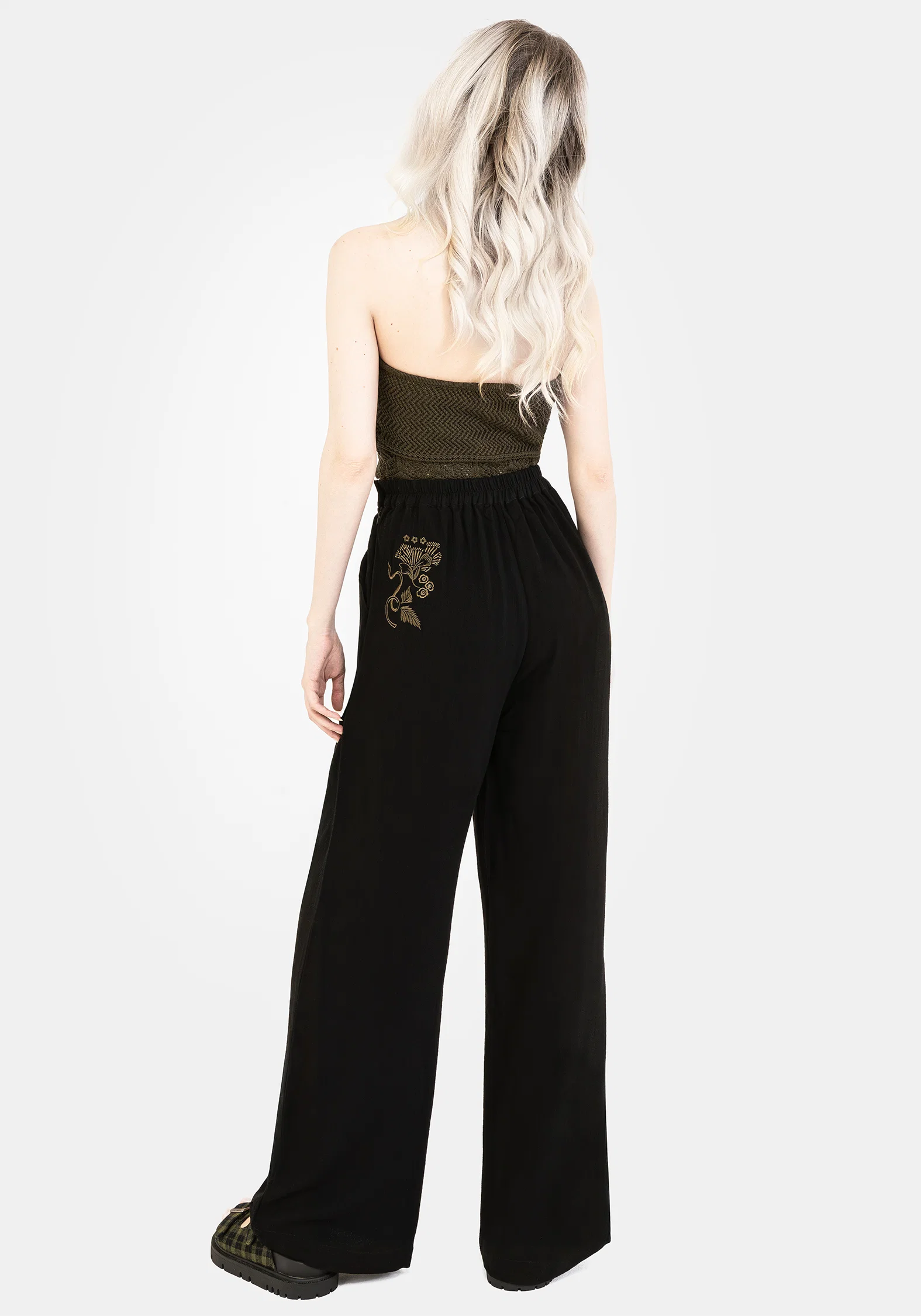 Foliate Linen-Blend Embroidered Wide Leg Trousers - Black - Image 3