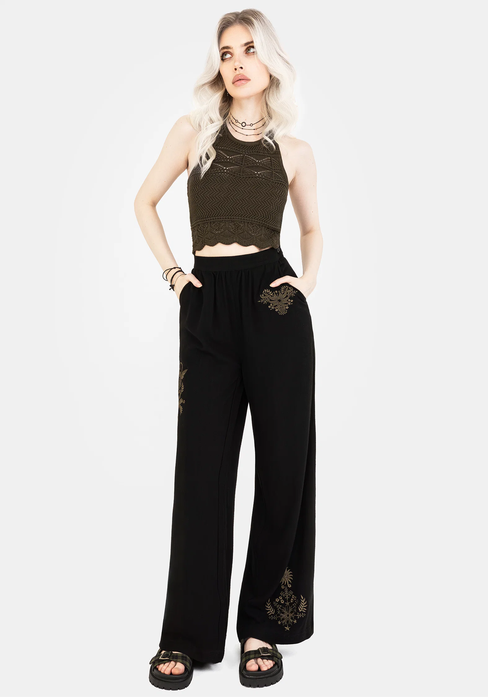 Foliate Linen-Blend Embroidered Wide Leg Trousers - Black - Image 4