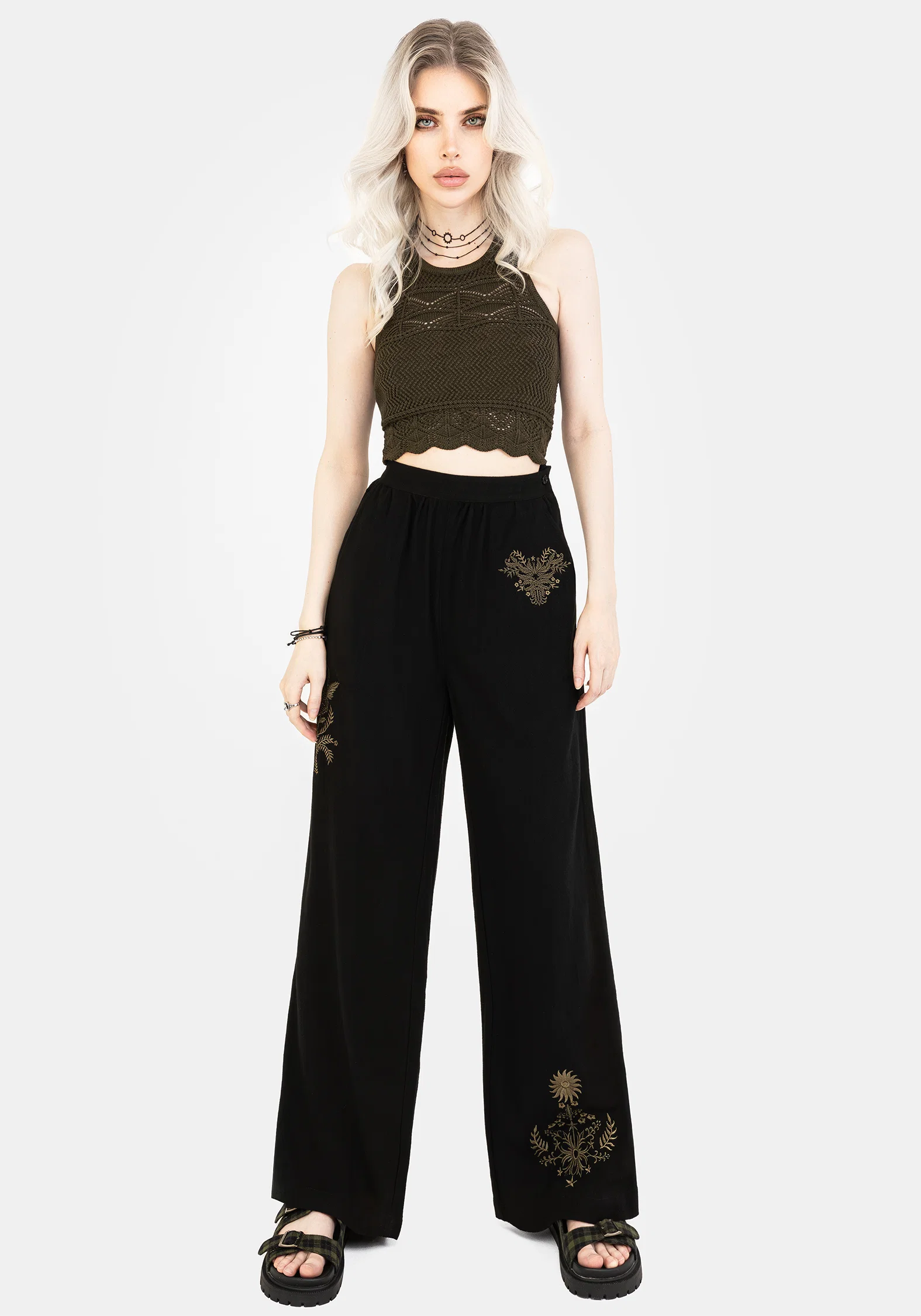 Foliate Linen-Blend Embroidered Wide Leg Trousers - Black - Image 6