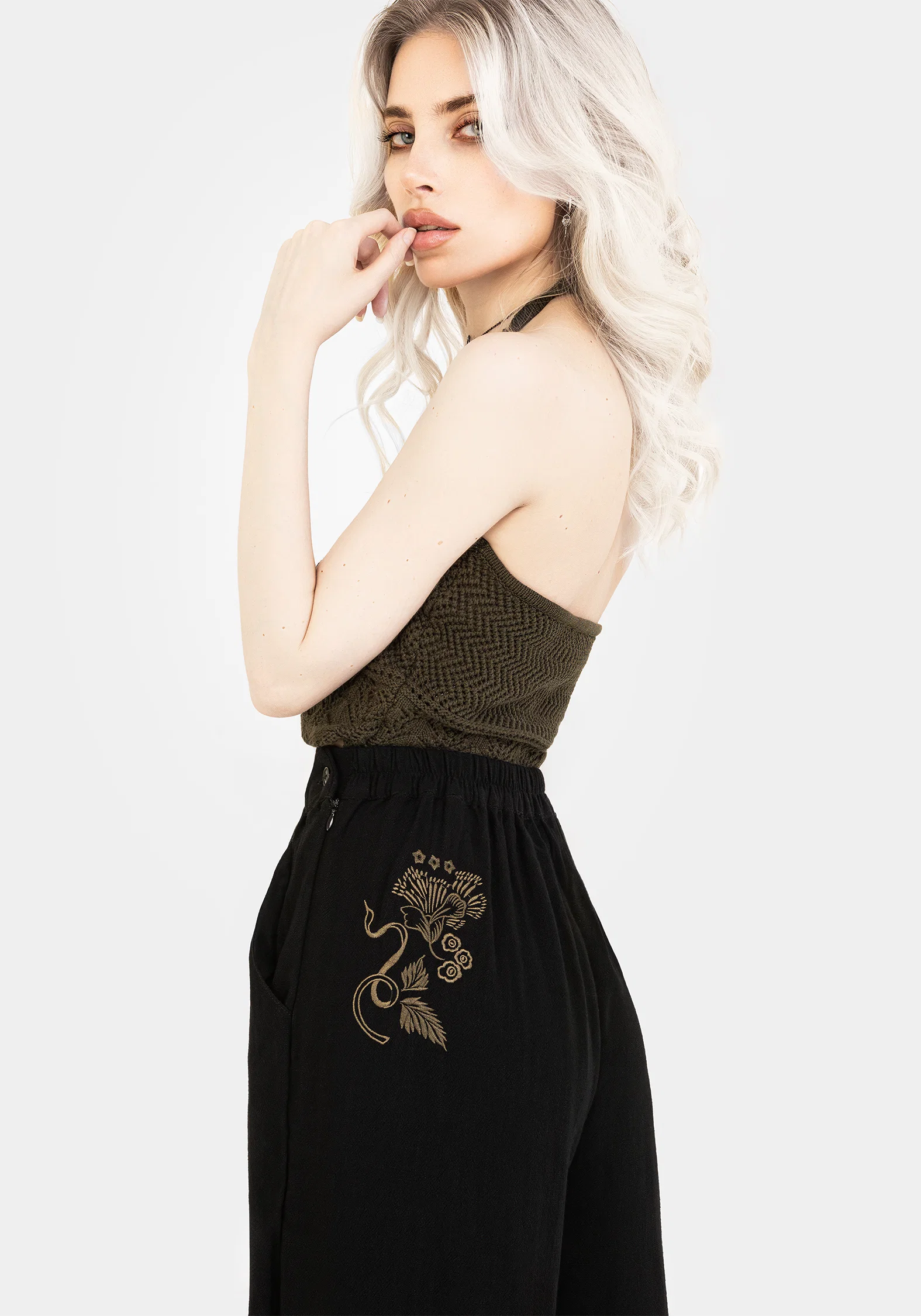 Foliate Linen-Blend Embroidered Wide Leg Trousers - Black - Image 7