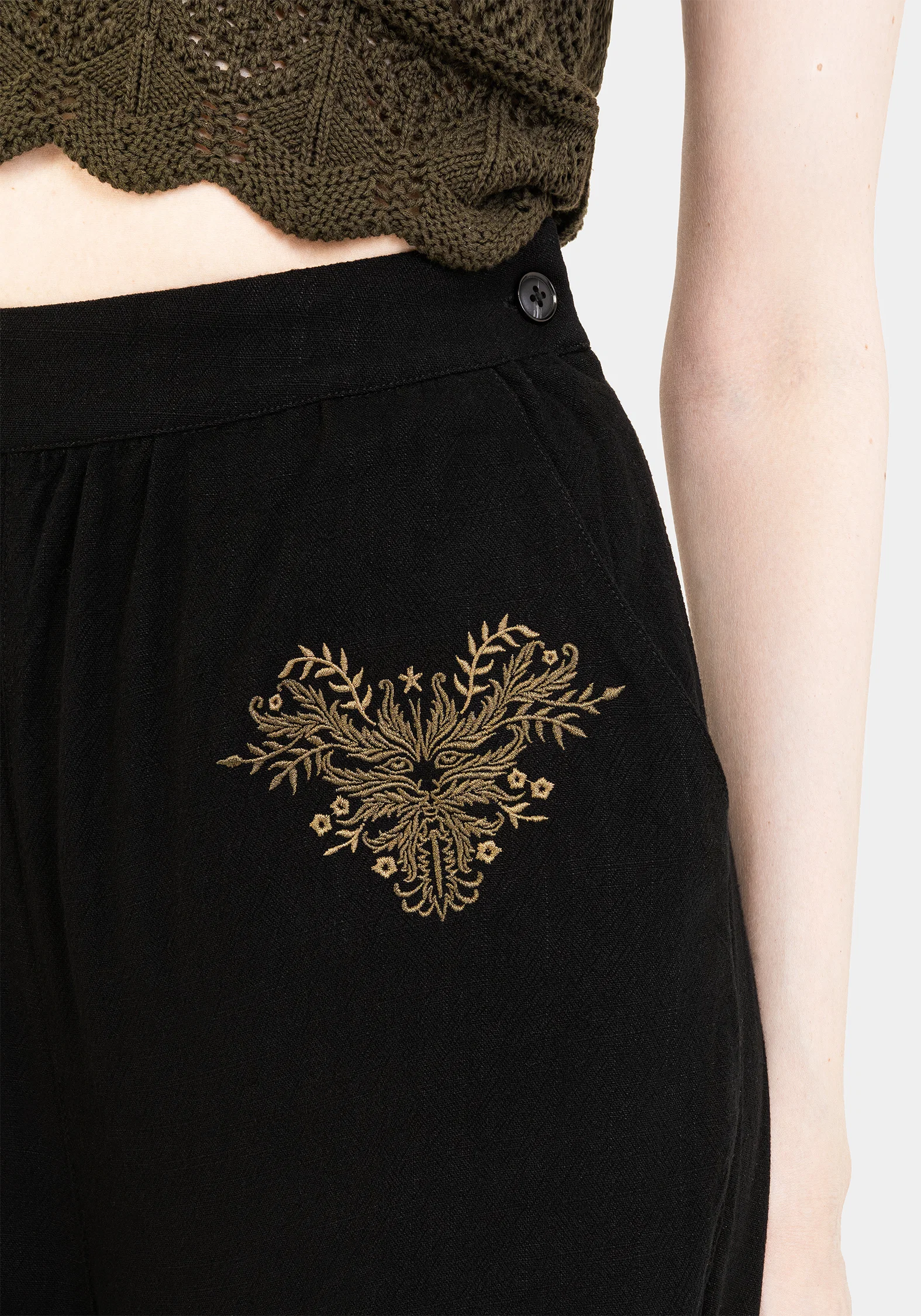 Foliate Linen-Blend Embroidered Wide Leg Trousers - Black - Image 9