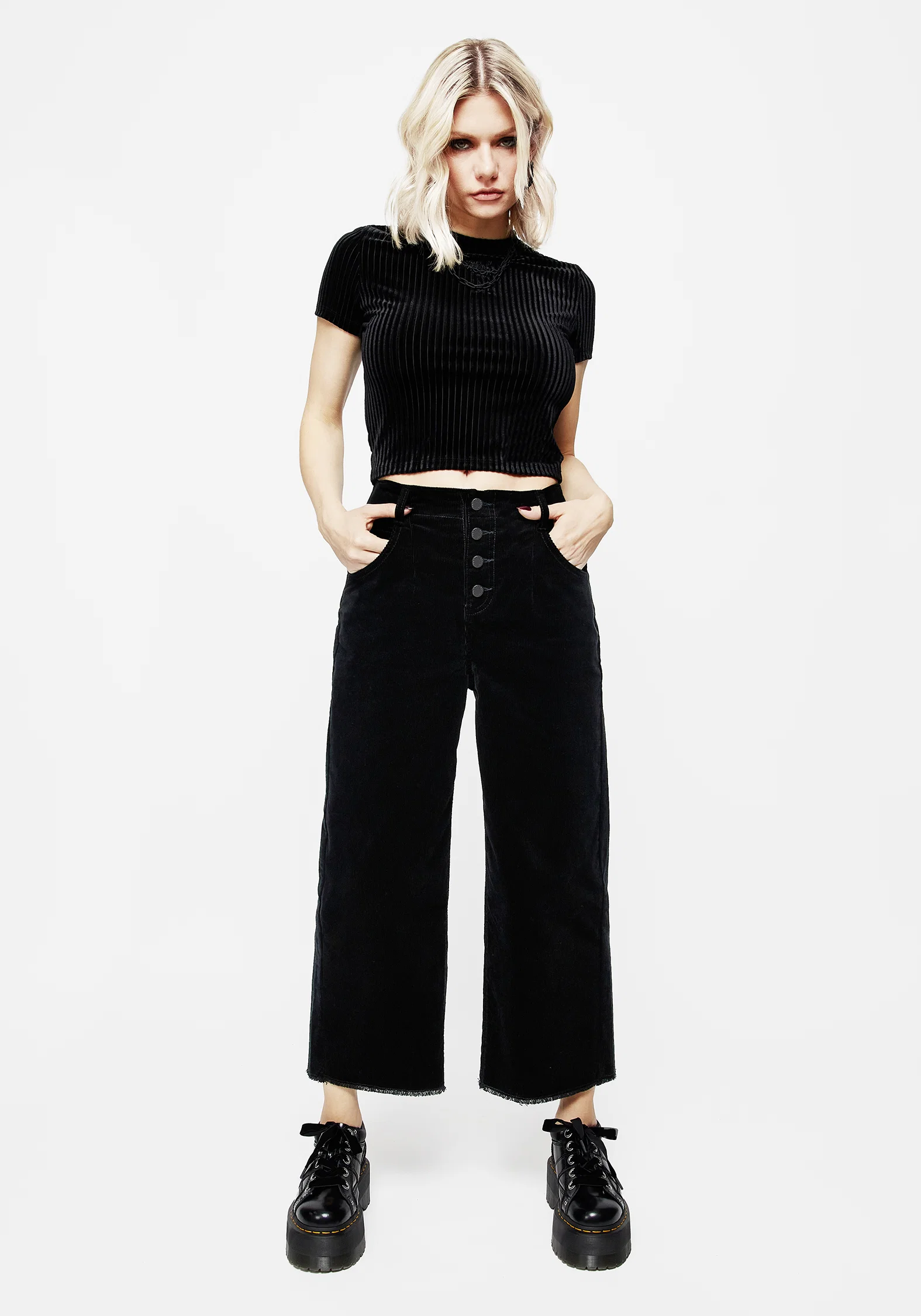 Foster Wide Leg Cord Crop Jeans - Black - Image 4