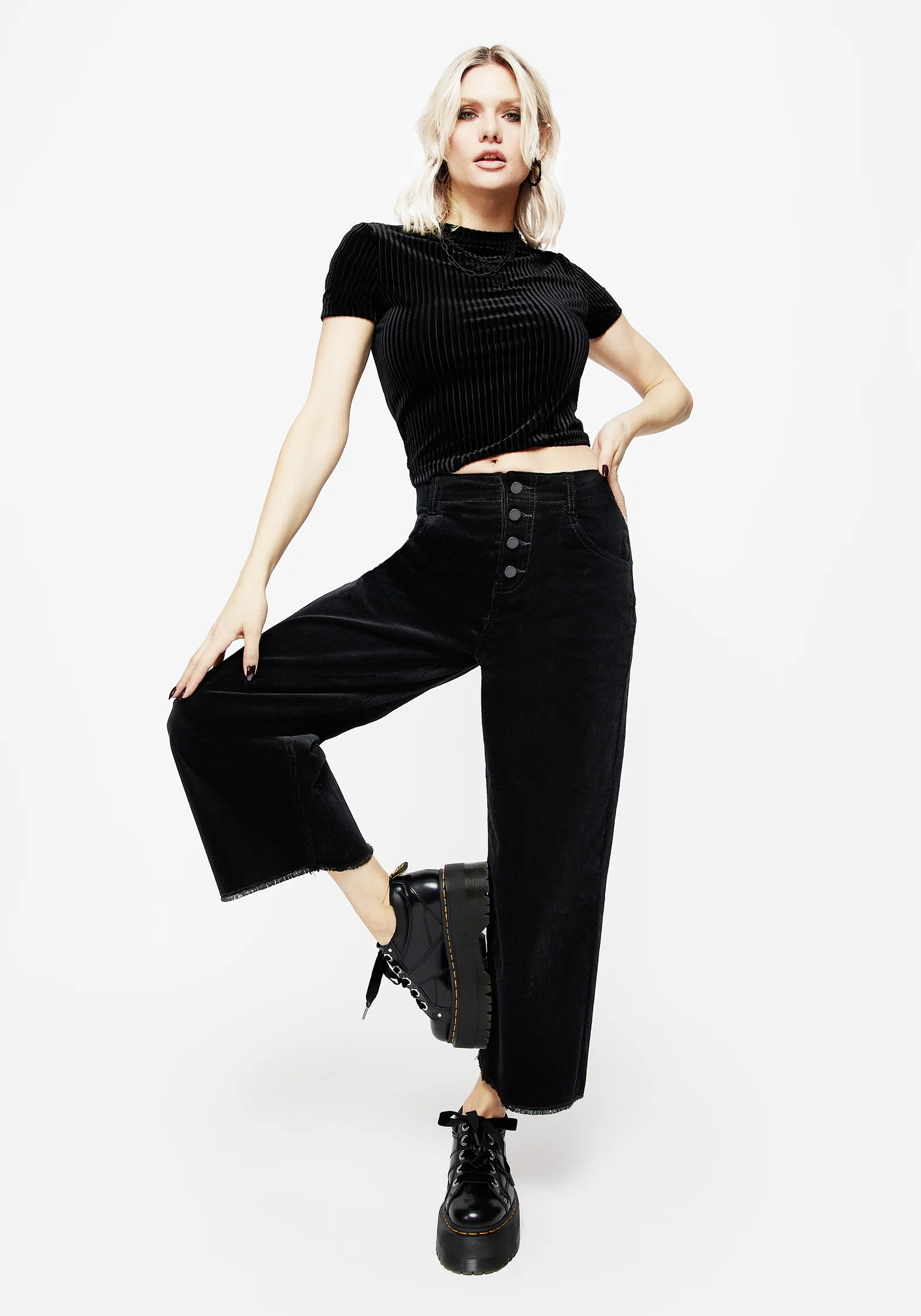 Foster Wide Leg Cord Crop Jeans - Black - Image 5