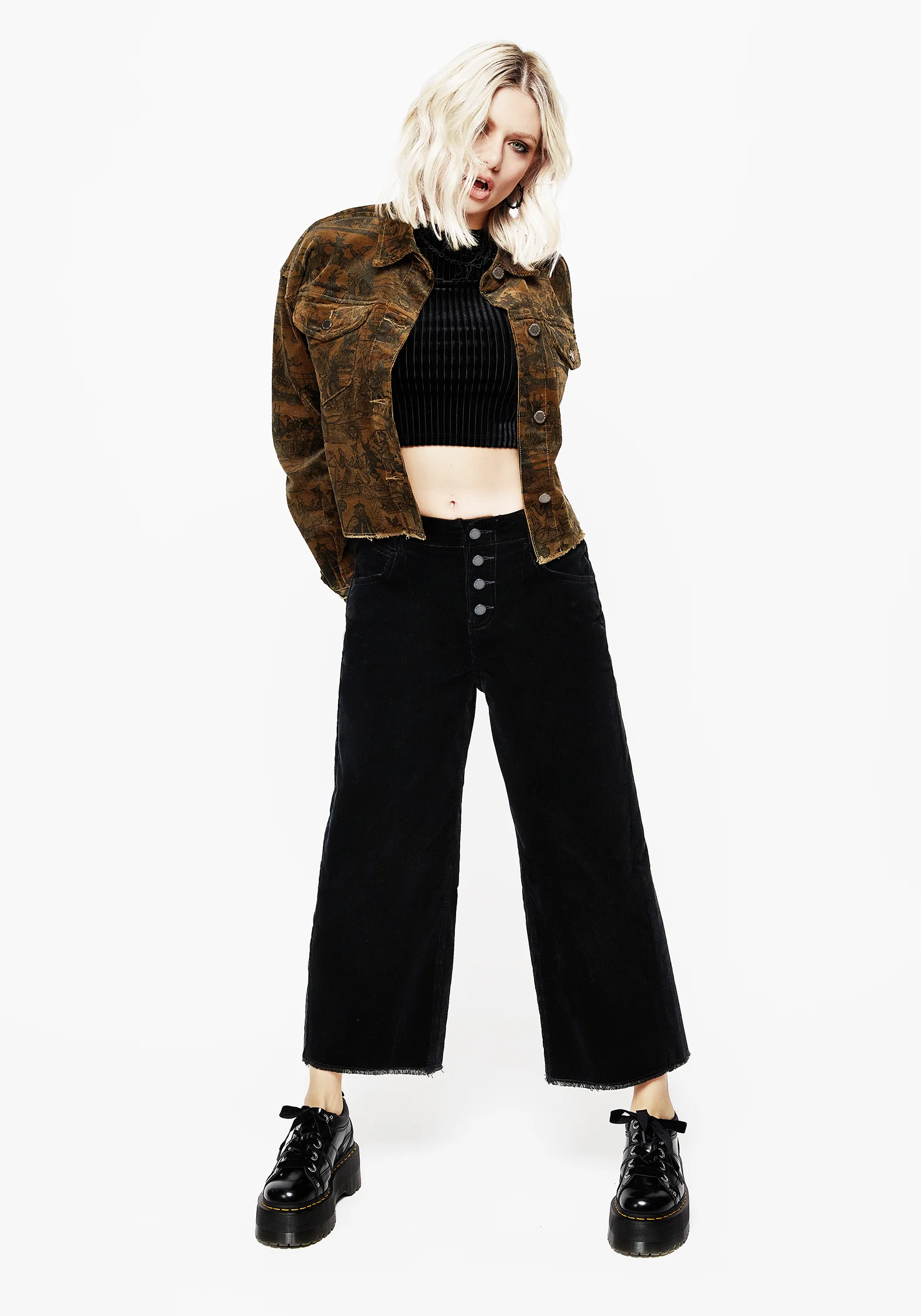 Foster Wide Leg Cord Crop Jeans - Black - Image 6