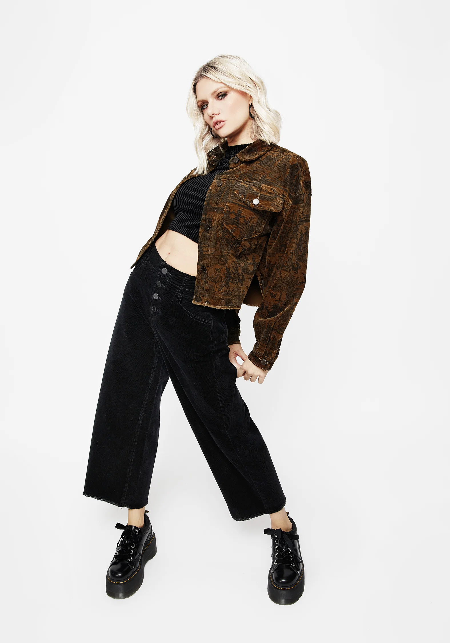 Foster Wide Leg Cord Crop Jeans - Black - Image 7