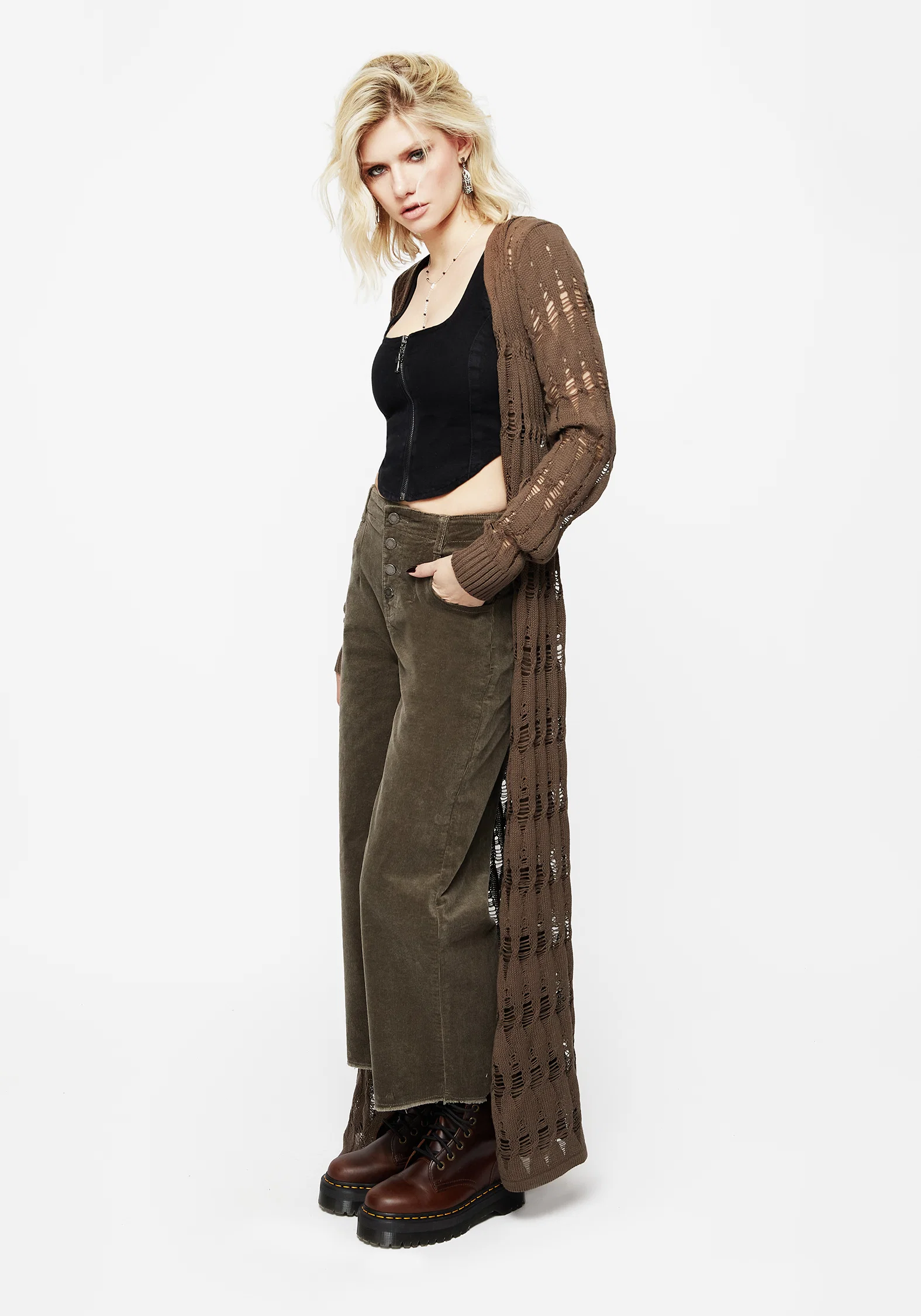 Foster Wide Leg Cord Crop Jeans - Green - Image 4