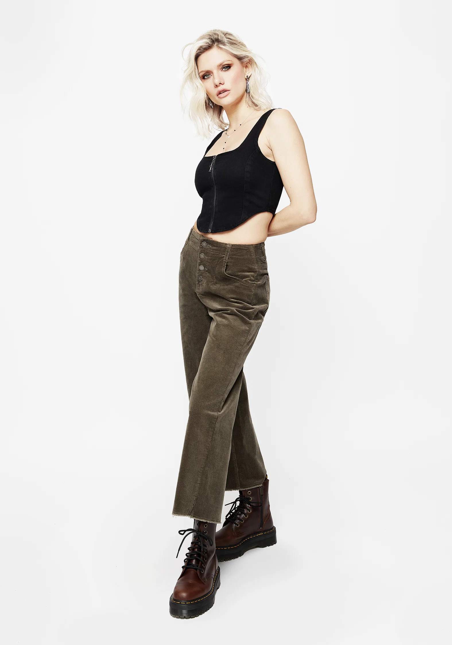 Foster Wide Leg Cord Crop Jeans - Green - Image 7