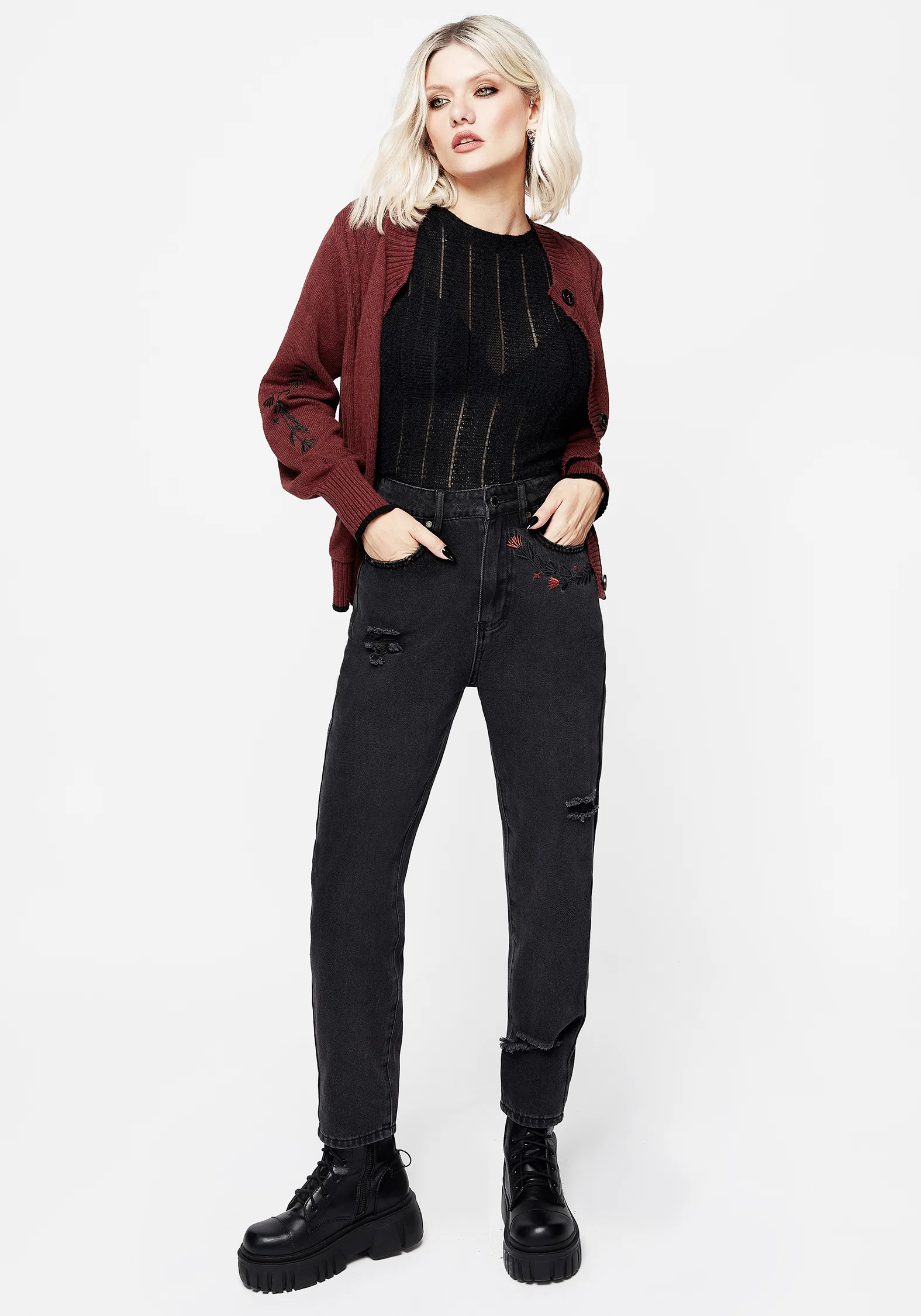 Foxfire Embroidered Distressed Mom Jeans - Image 3