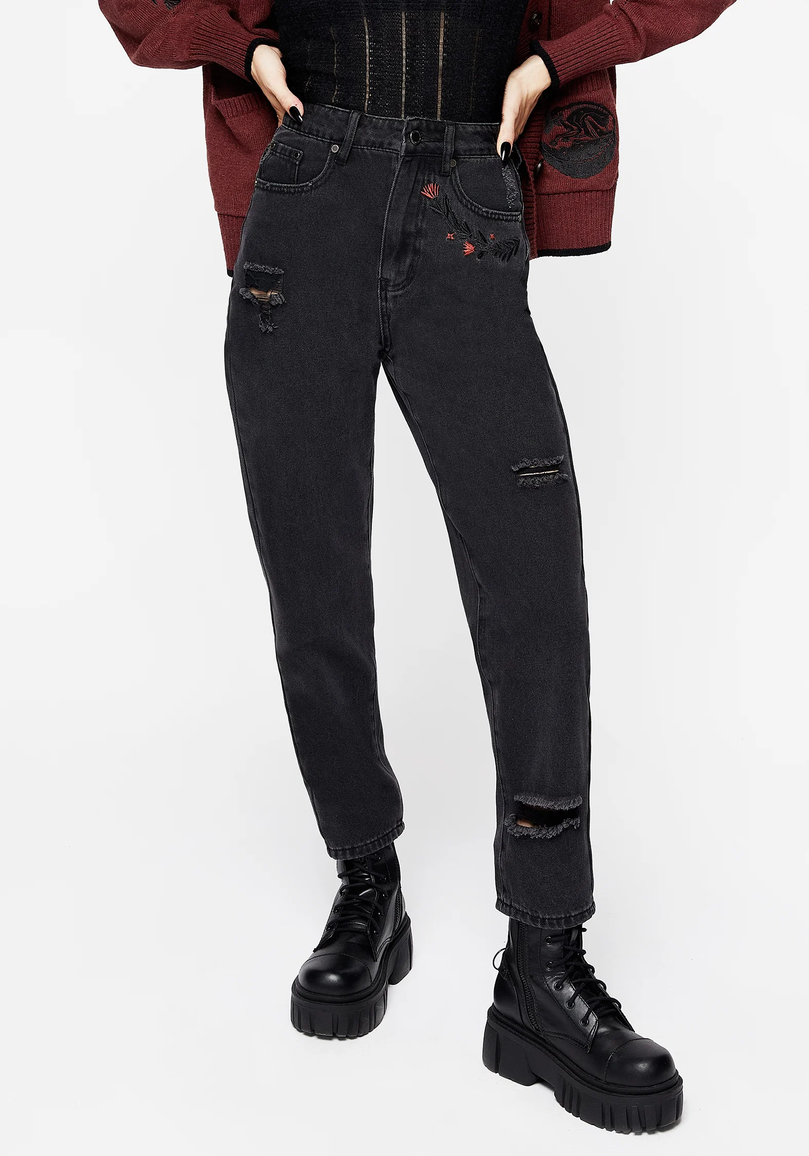 Foxfire Embroidered Distressed Mom Jeans - Image 5