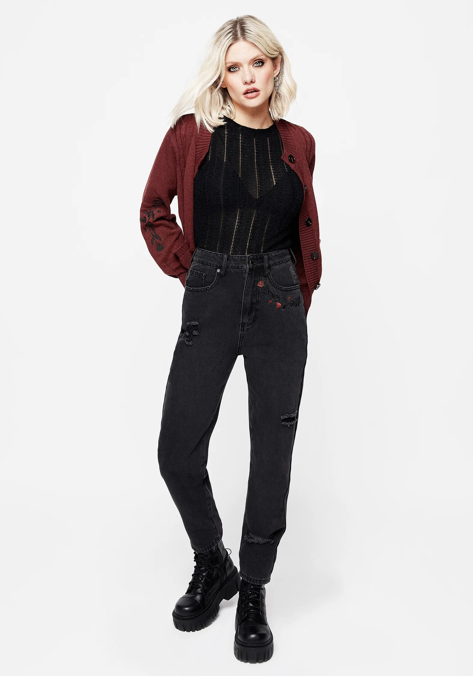 Foxfire Embroidered Distressed Mom Jeans - Image 6