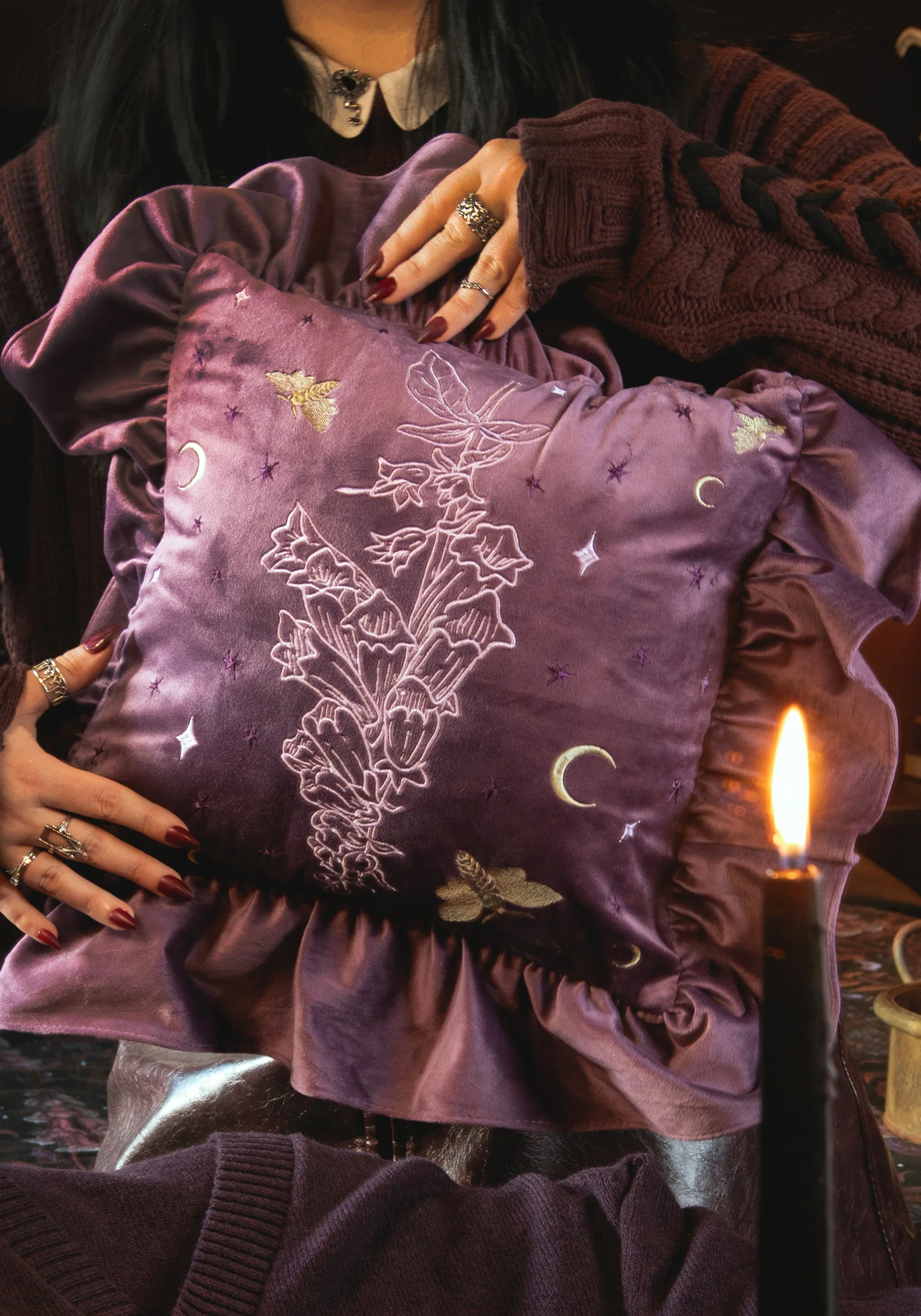 Foxglove Embroidered Velour Ruffle Cushion - Image 2