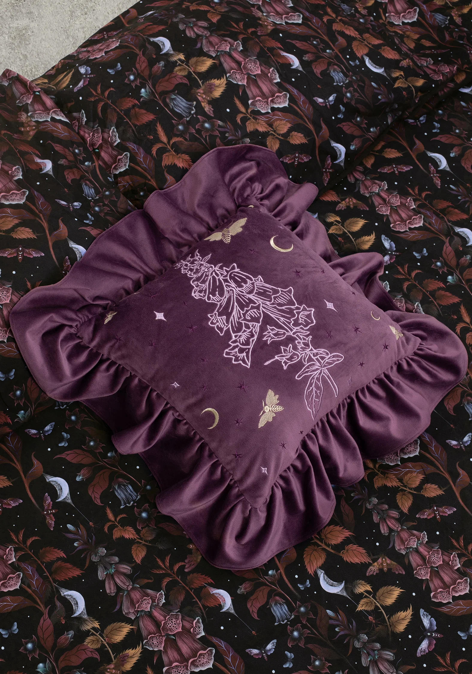 Foxglove Embroidered Velour Ruffle Cushion - Image 5