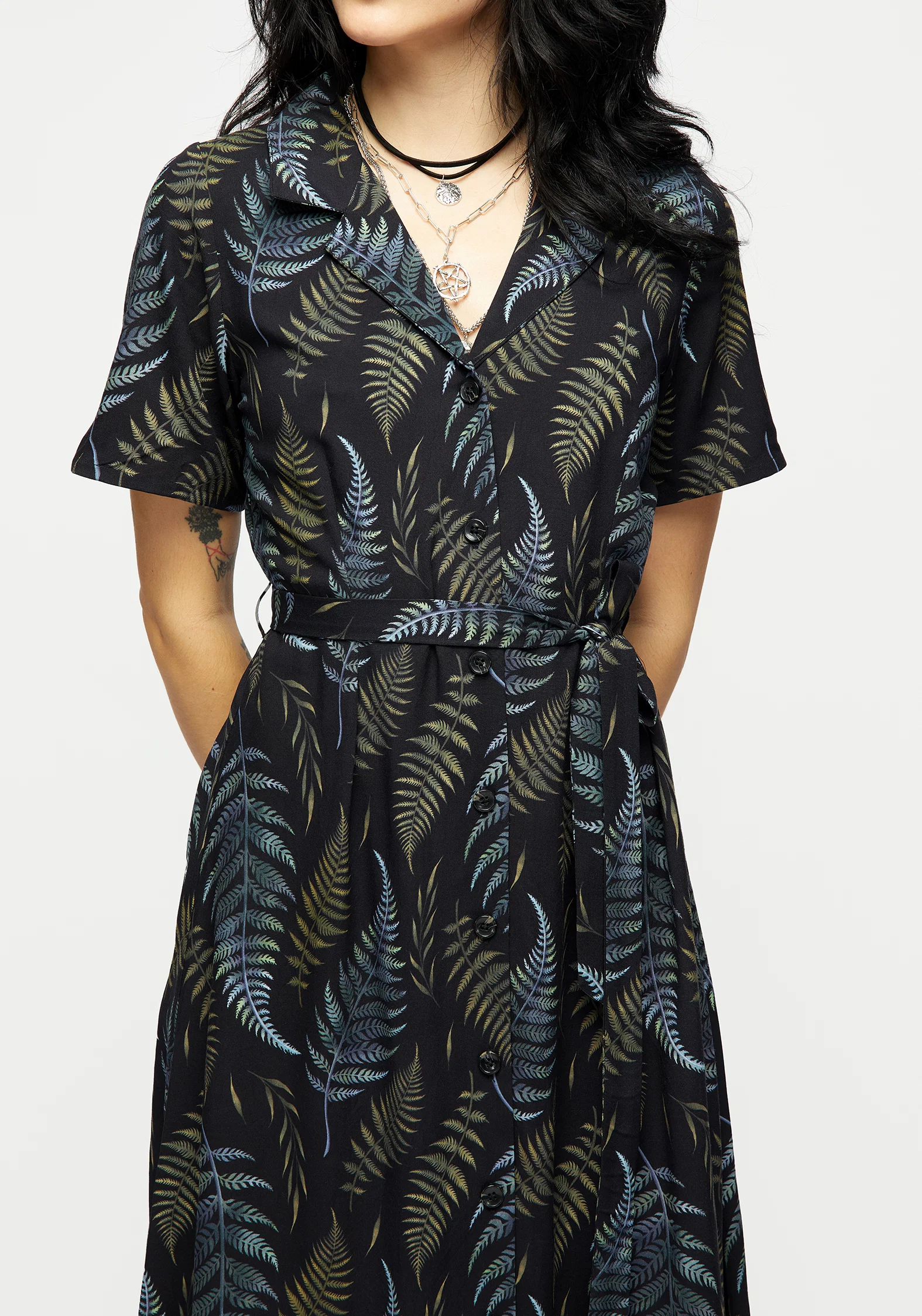 Frond Print Button Up Midi Shirt Dress - Image 2