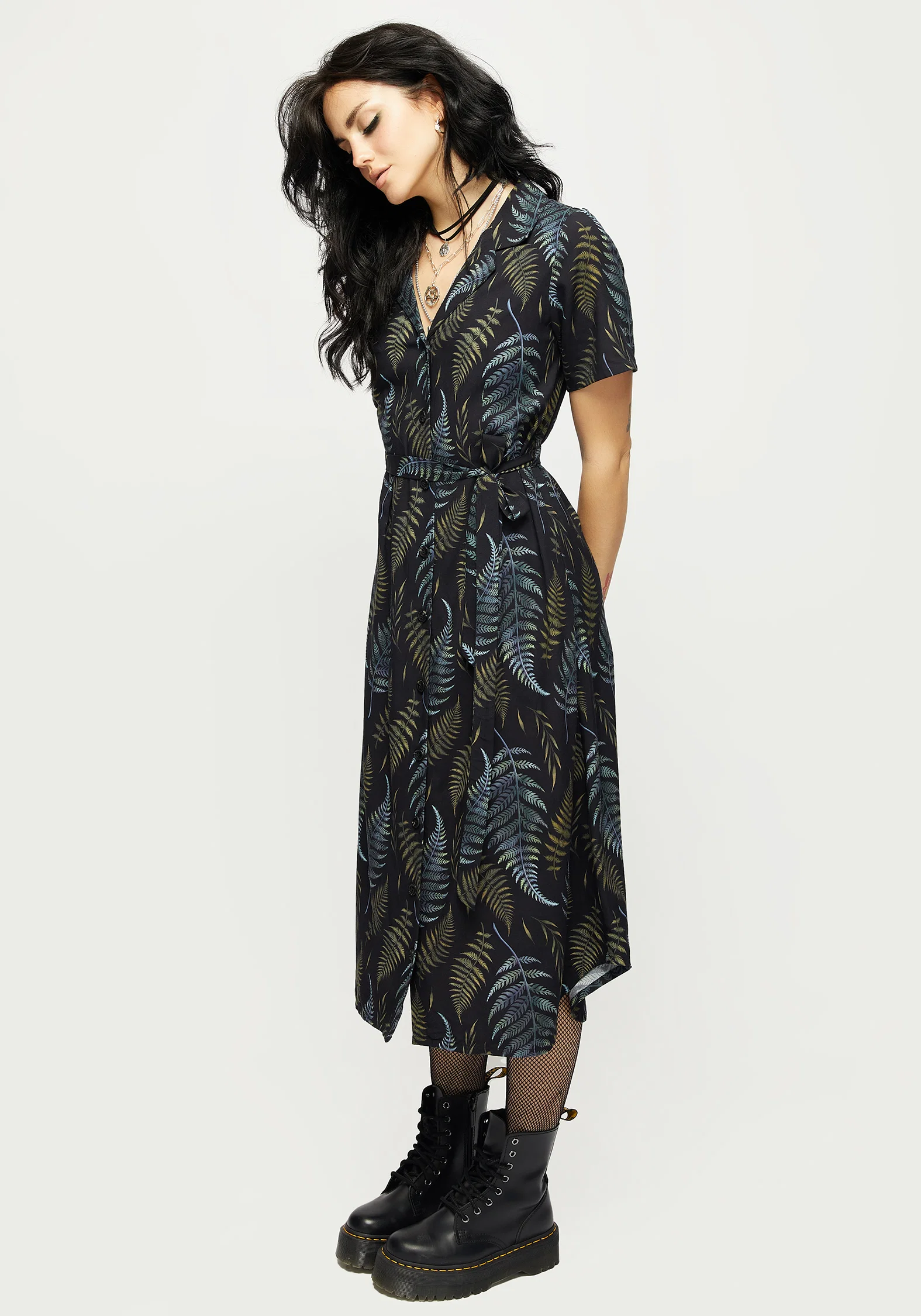Frond Print Button Up Midi Shirt Dress - Image 4