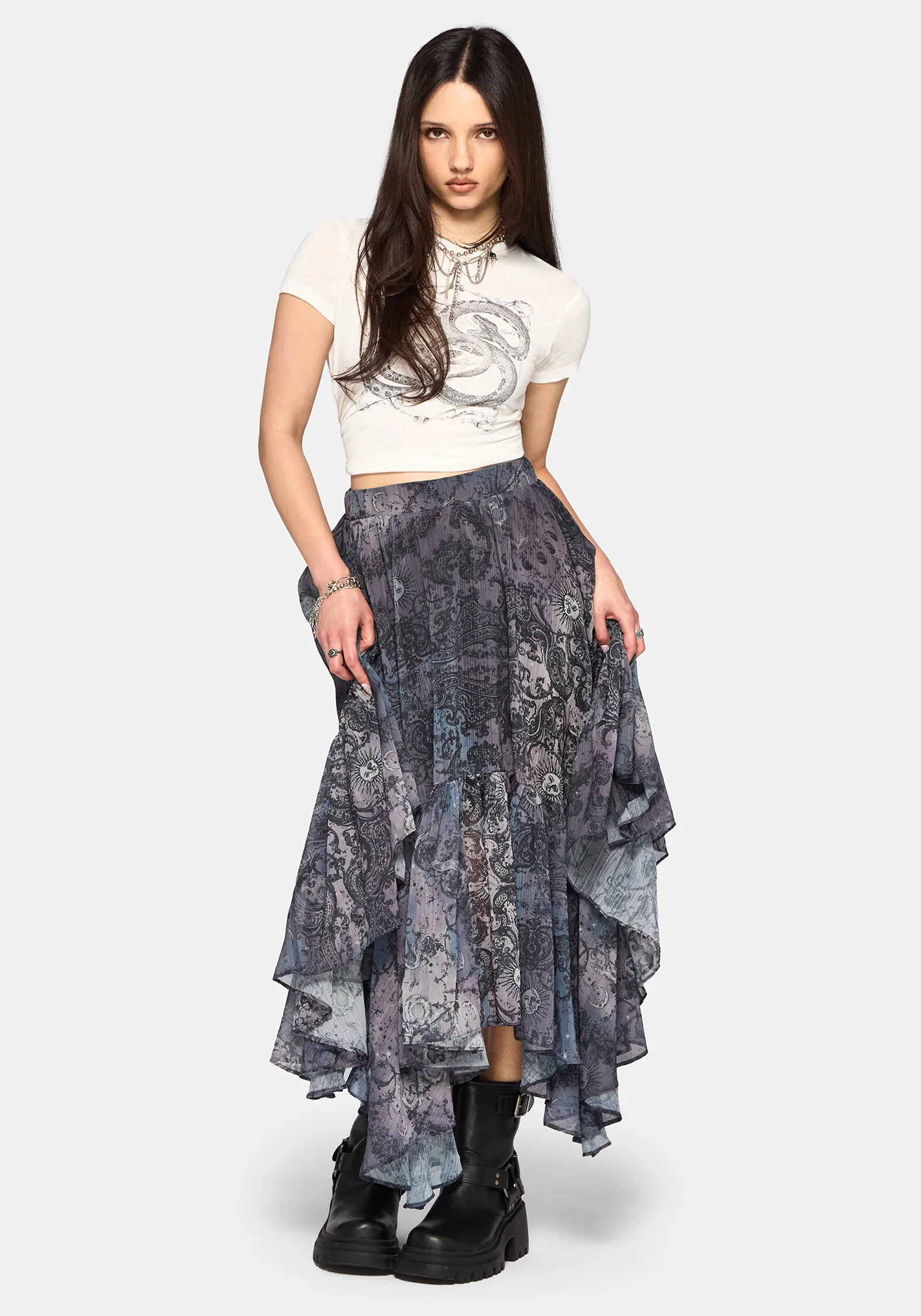 Gaia Celestial Print Chiffon Hanky Hem Skirt - Image 2