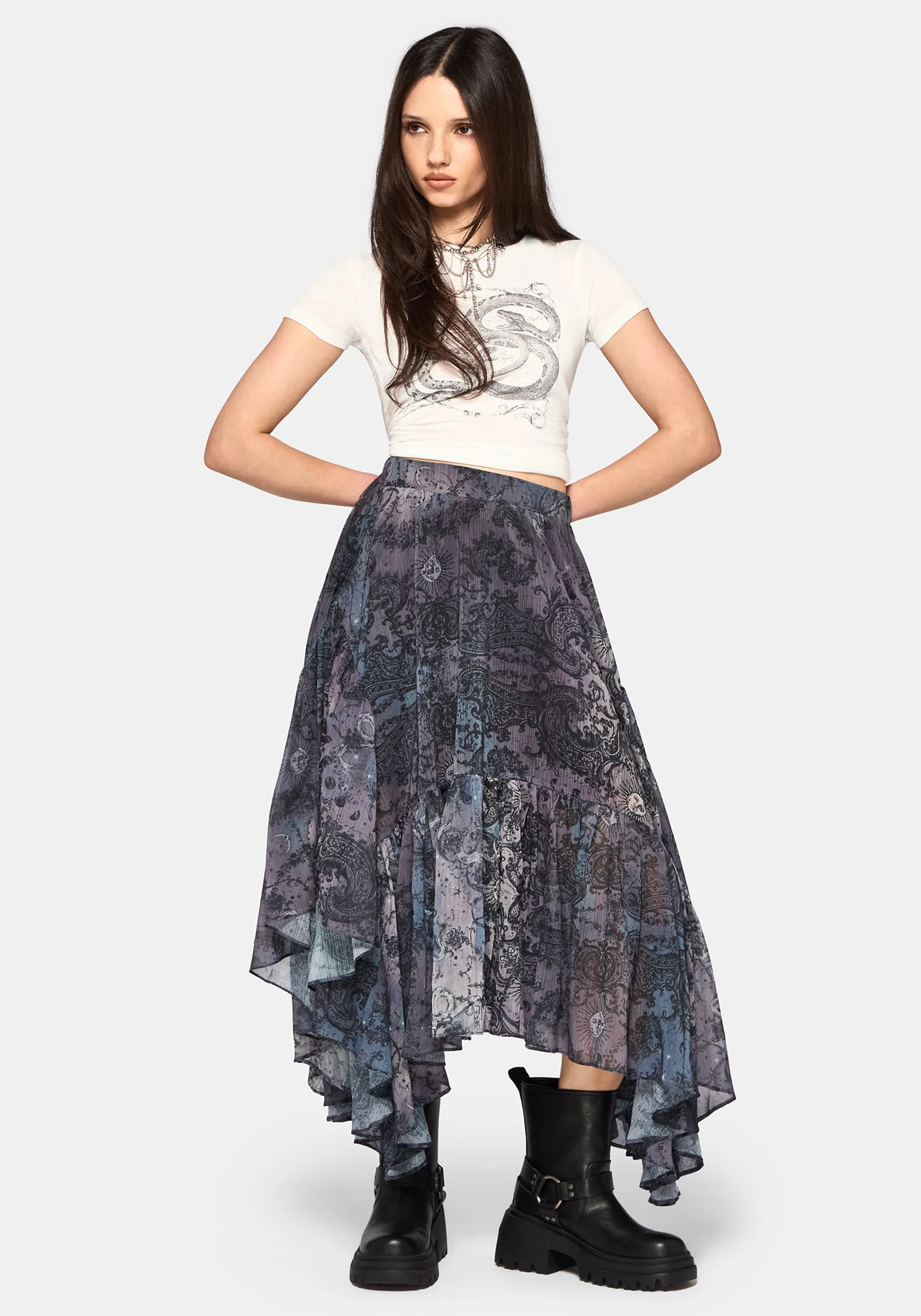 Gaia Celestial Print Chiffon Hanky Hem Skirt - Image 6
