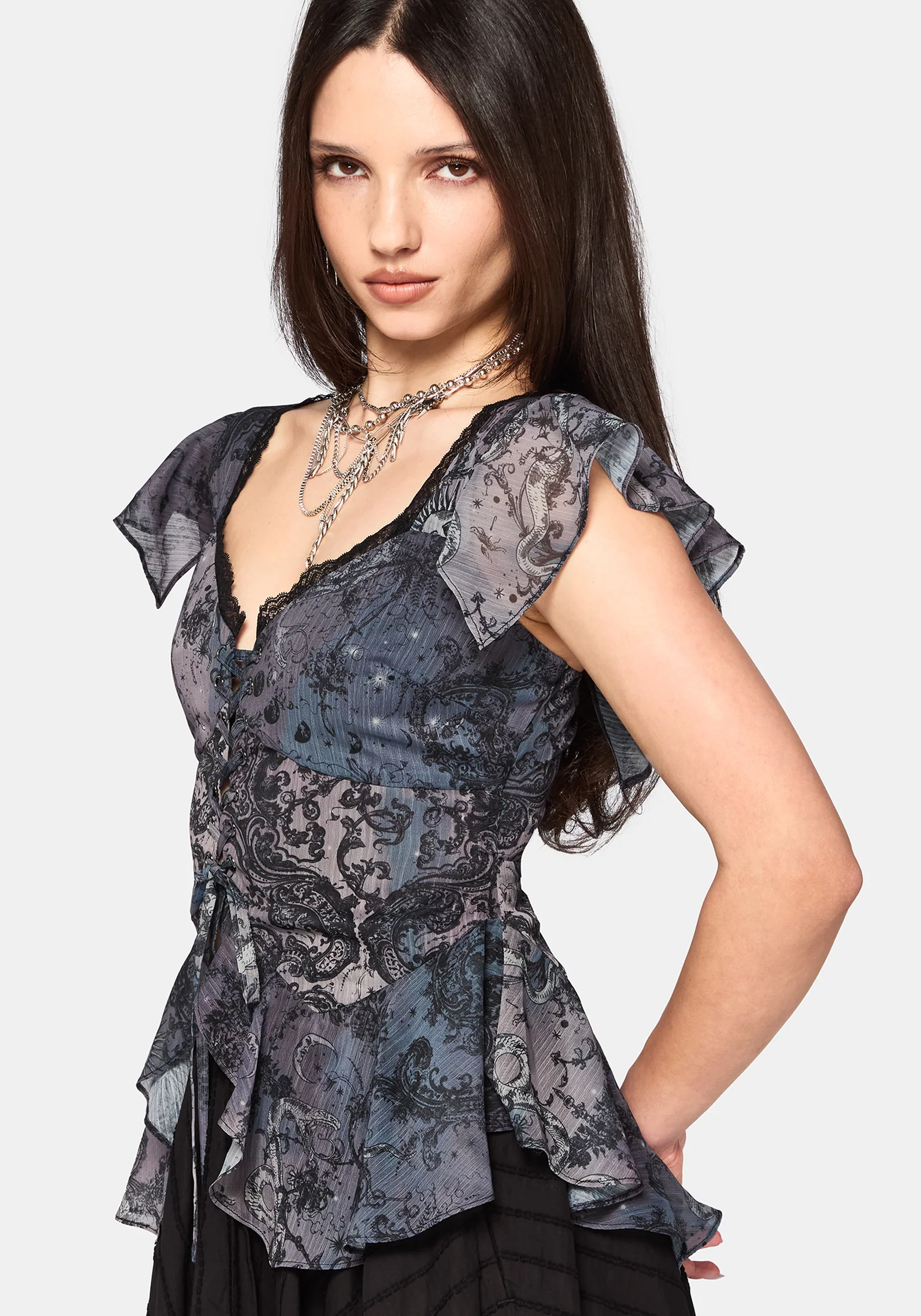 Gaia Celestial Print Chiffon Lace Up Blouse - Image 2