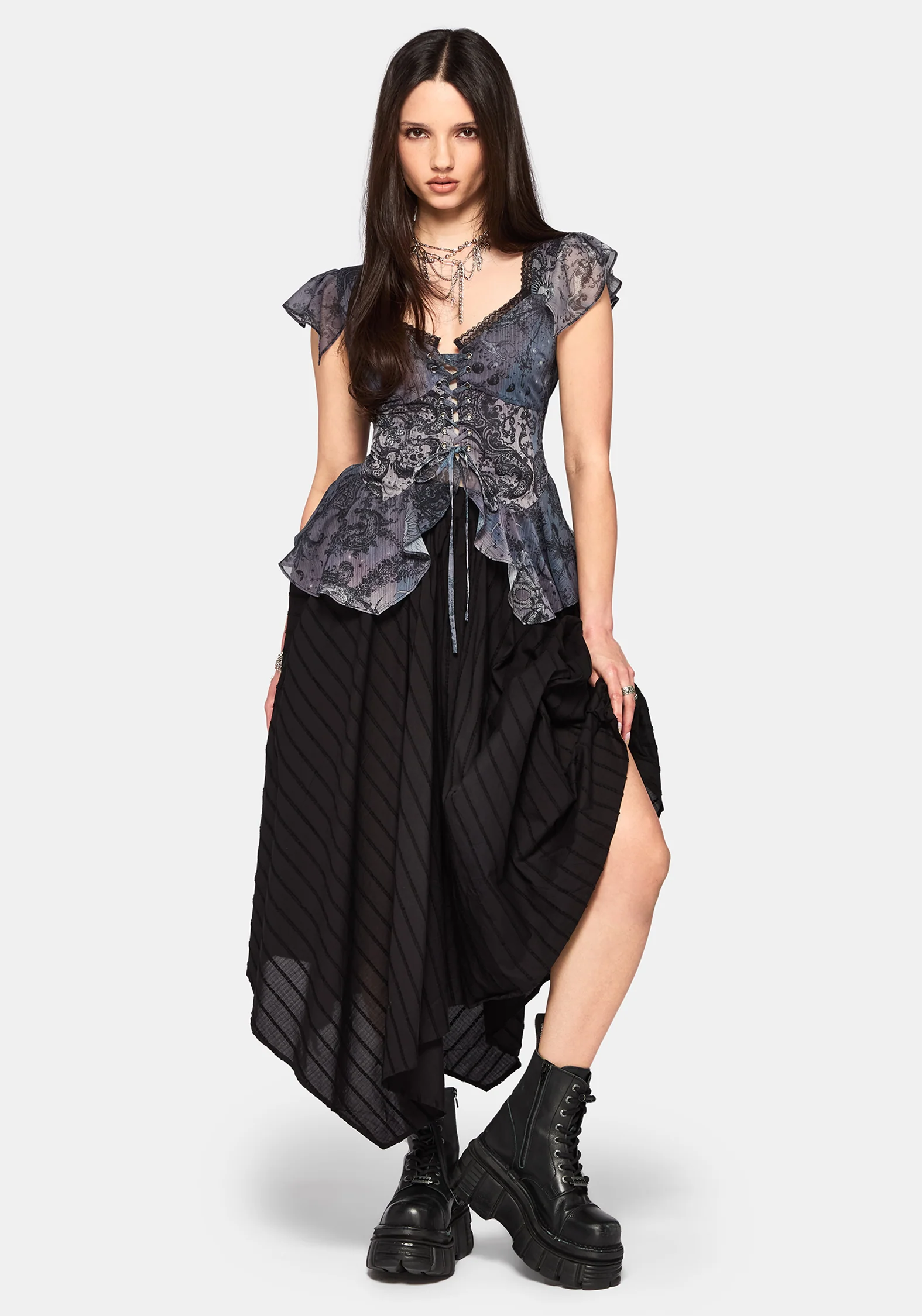 Gaia Celestial Print Chiffon Lace Up Blouse - Image 4