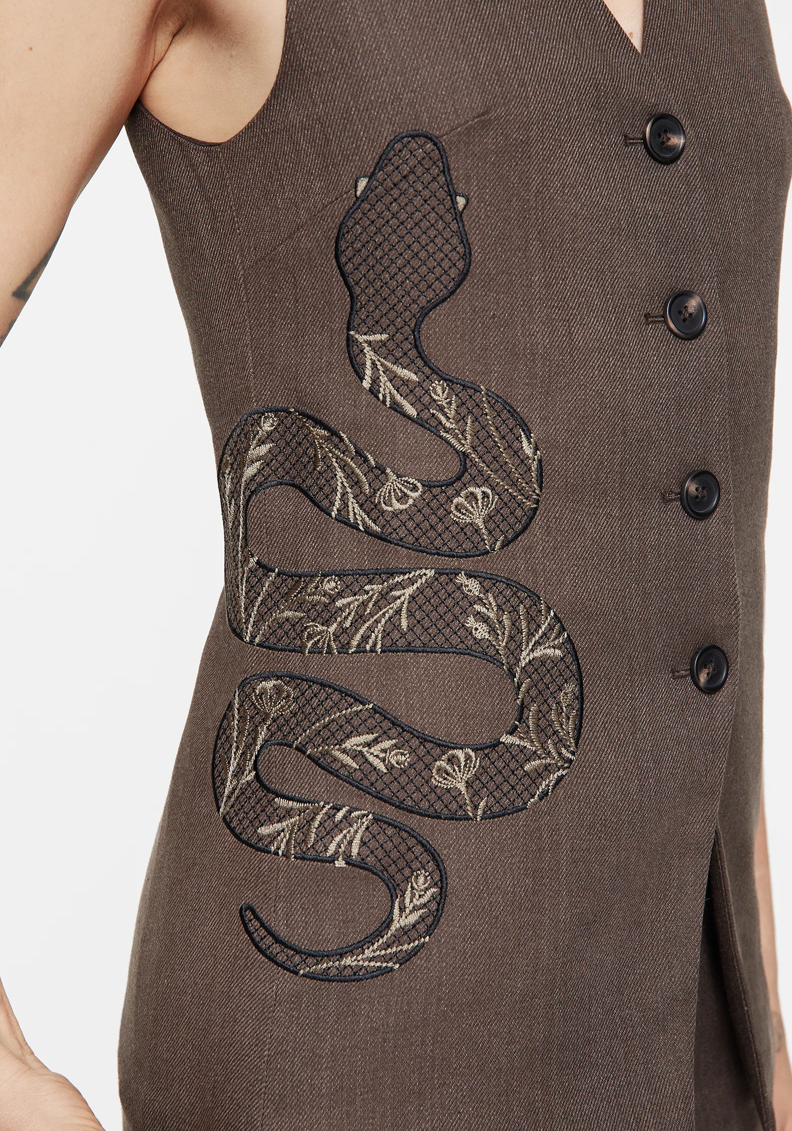 Gaia Linen Blend Snake Embroidered Longline Waistcoat - Image 2