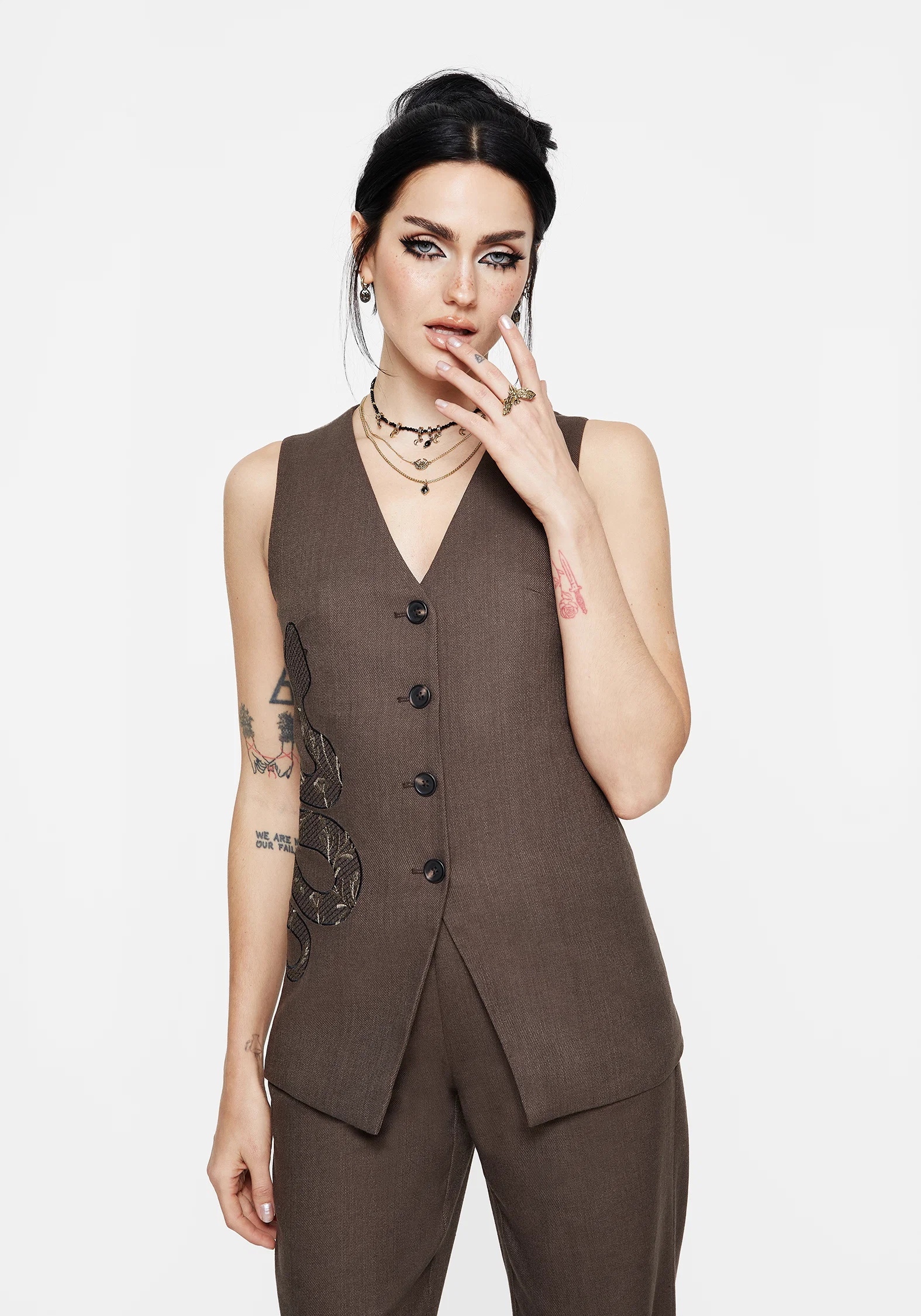 Gaia Linen Blend Snake Embroidered Longline Waistcoat - Image 4