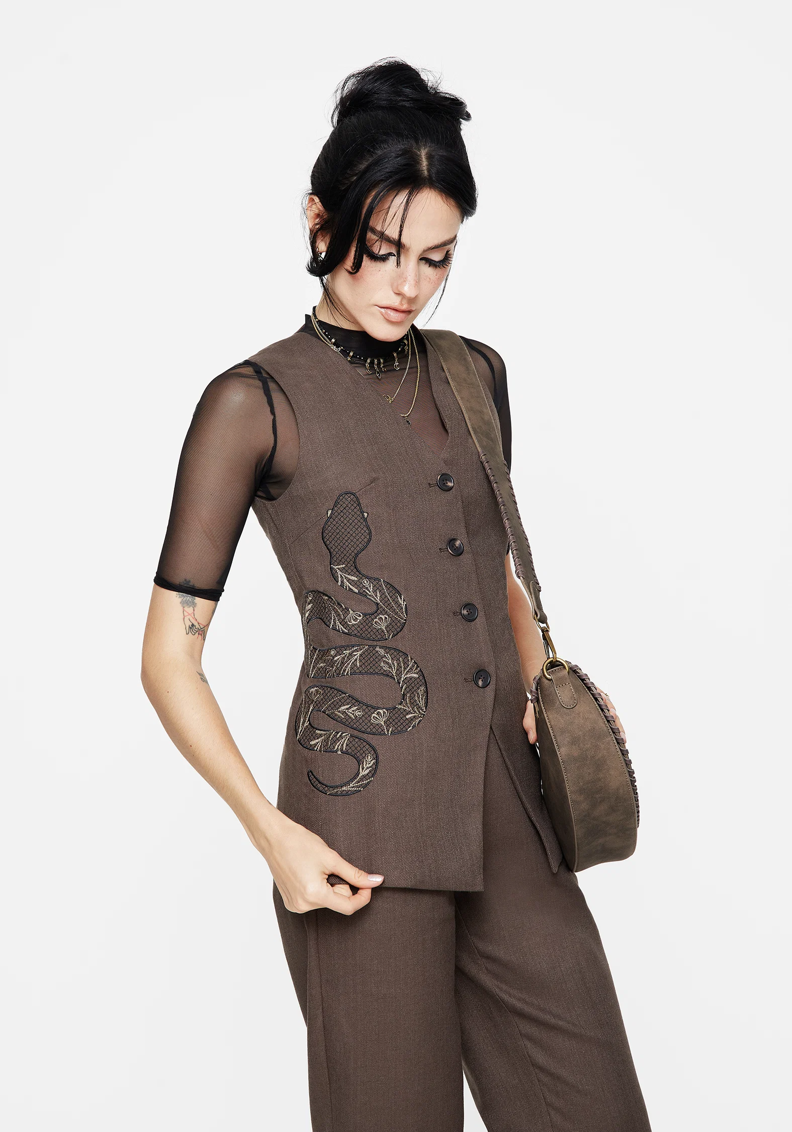 Gaia Linen Blend Snake Embroidered Longline Waistcoat - Image 6