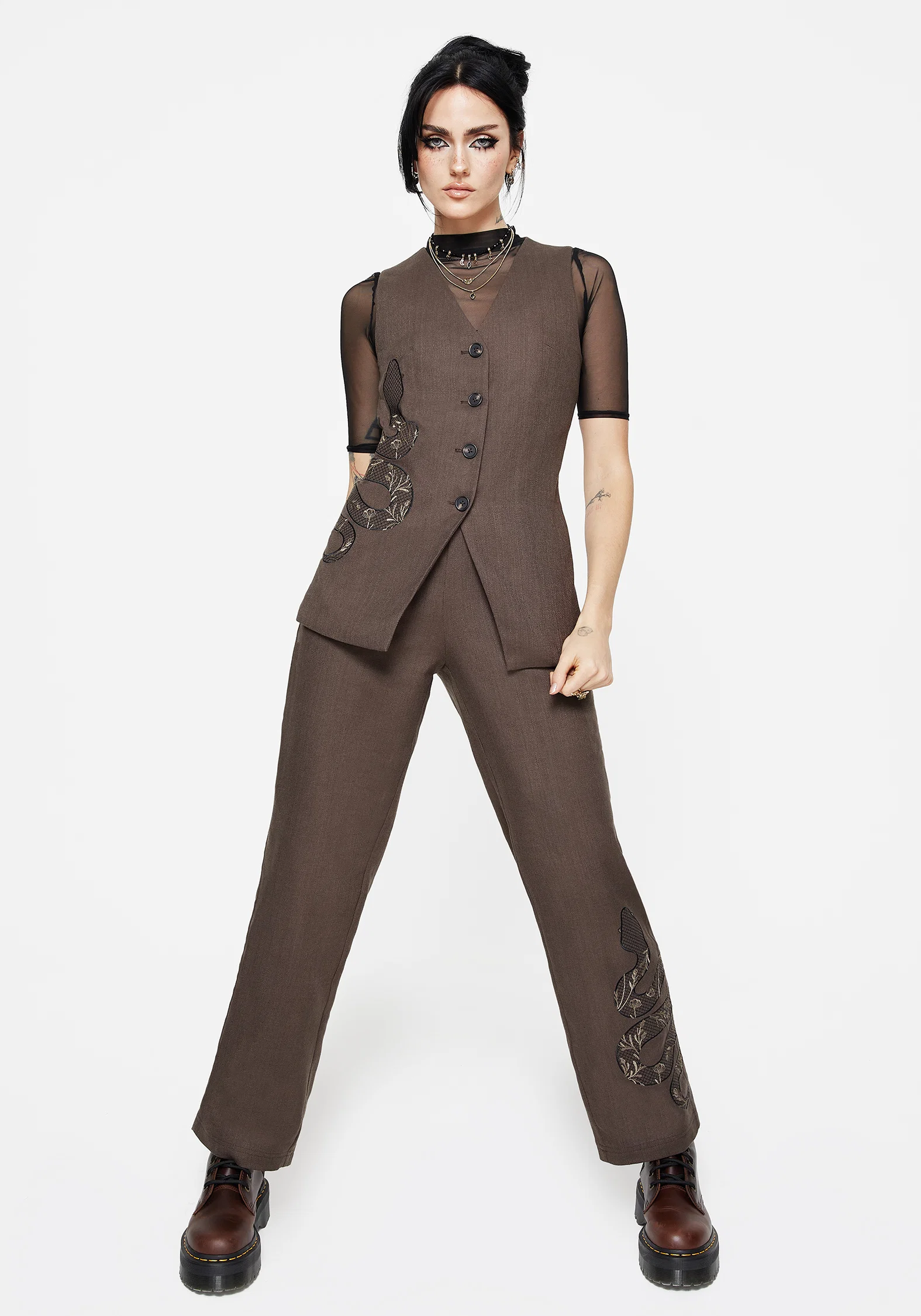 Gaia Linen Blend Snake Embroidered Longline Waistcoat - Image 7