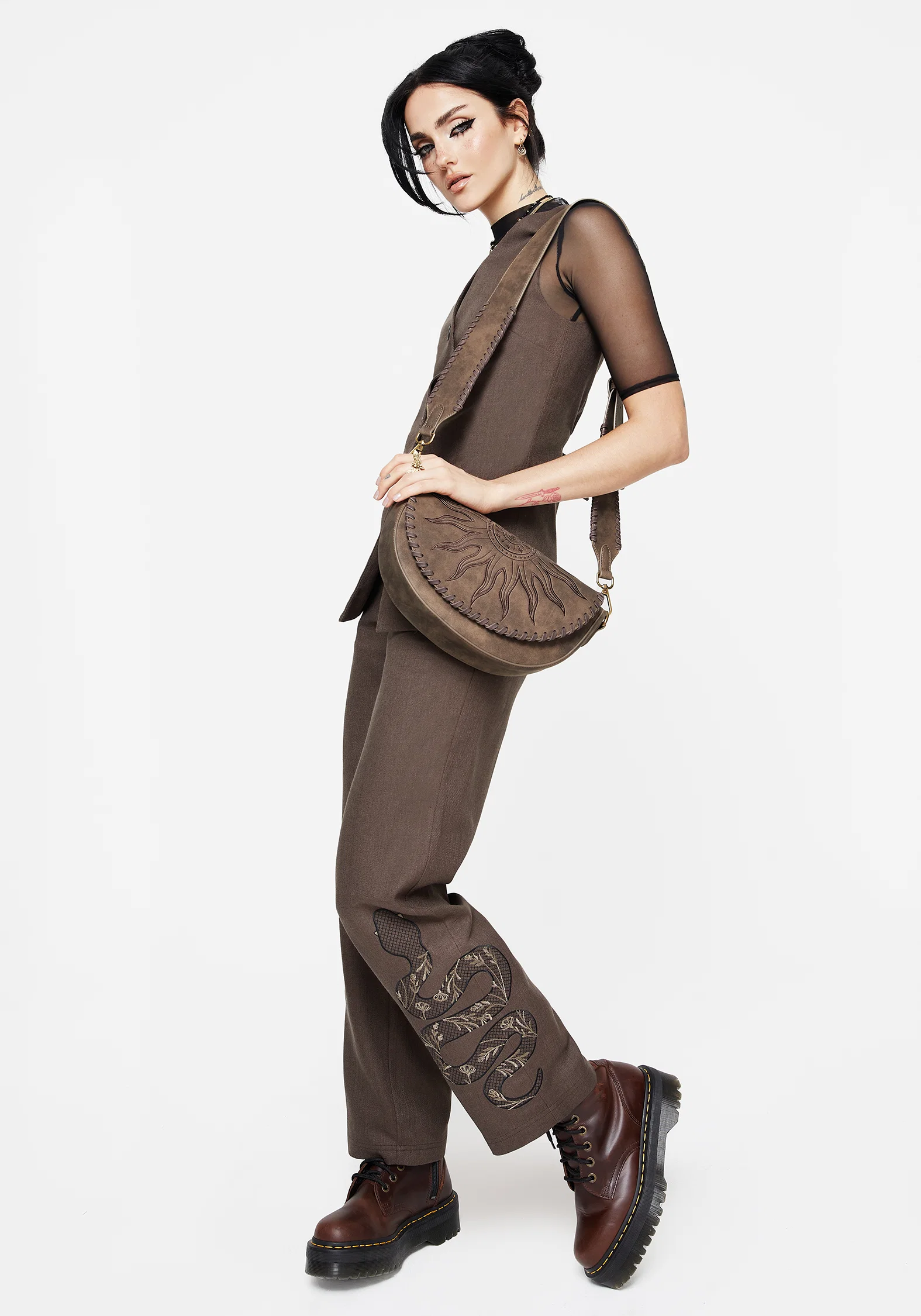 Gaia Linen Blend Snake Embroidered Wide Leg Trouser - Image 6