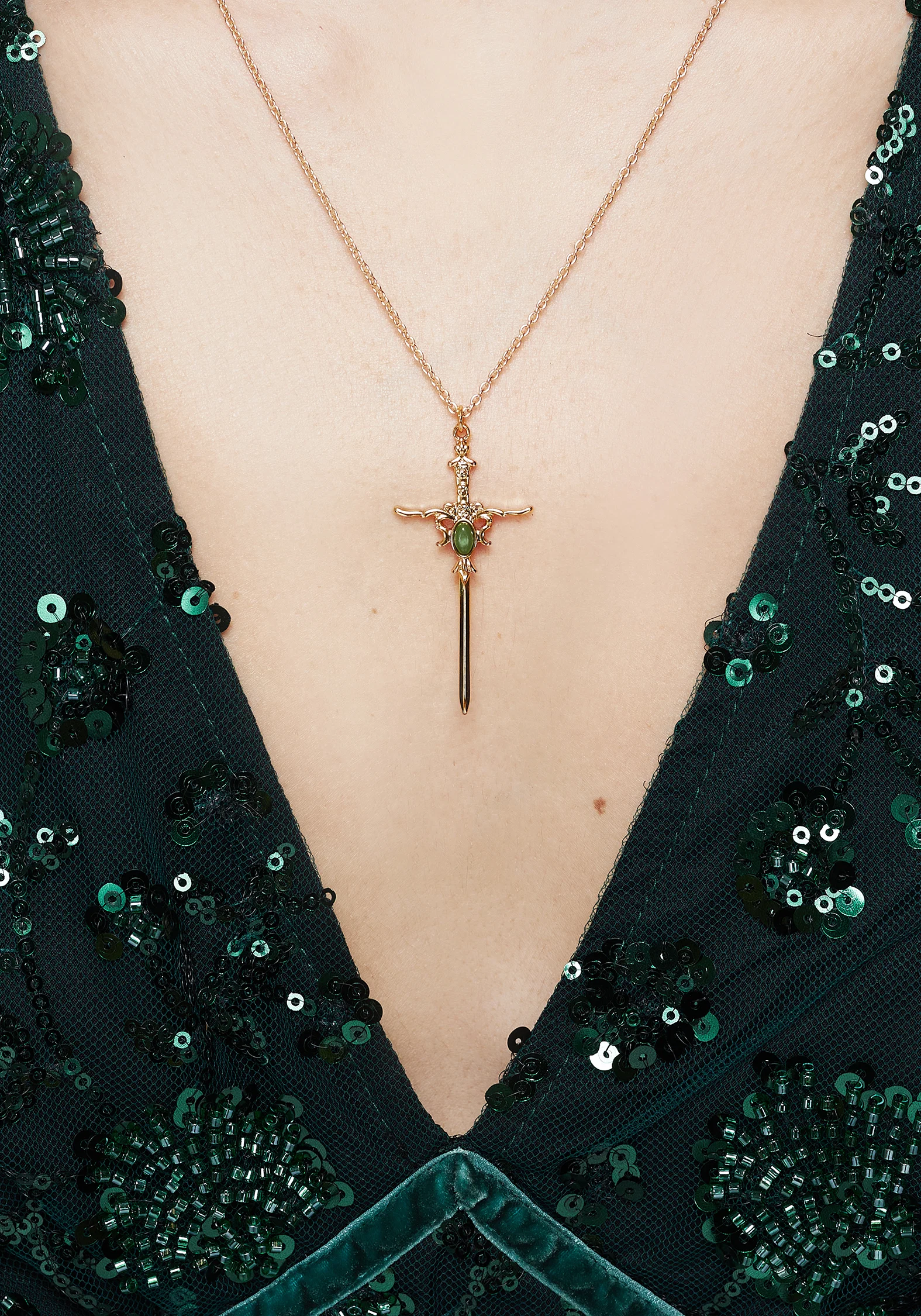 Galatine Green Stone Sword Necklace - Gold - Image 5