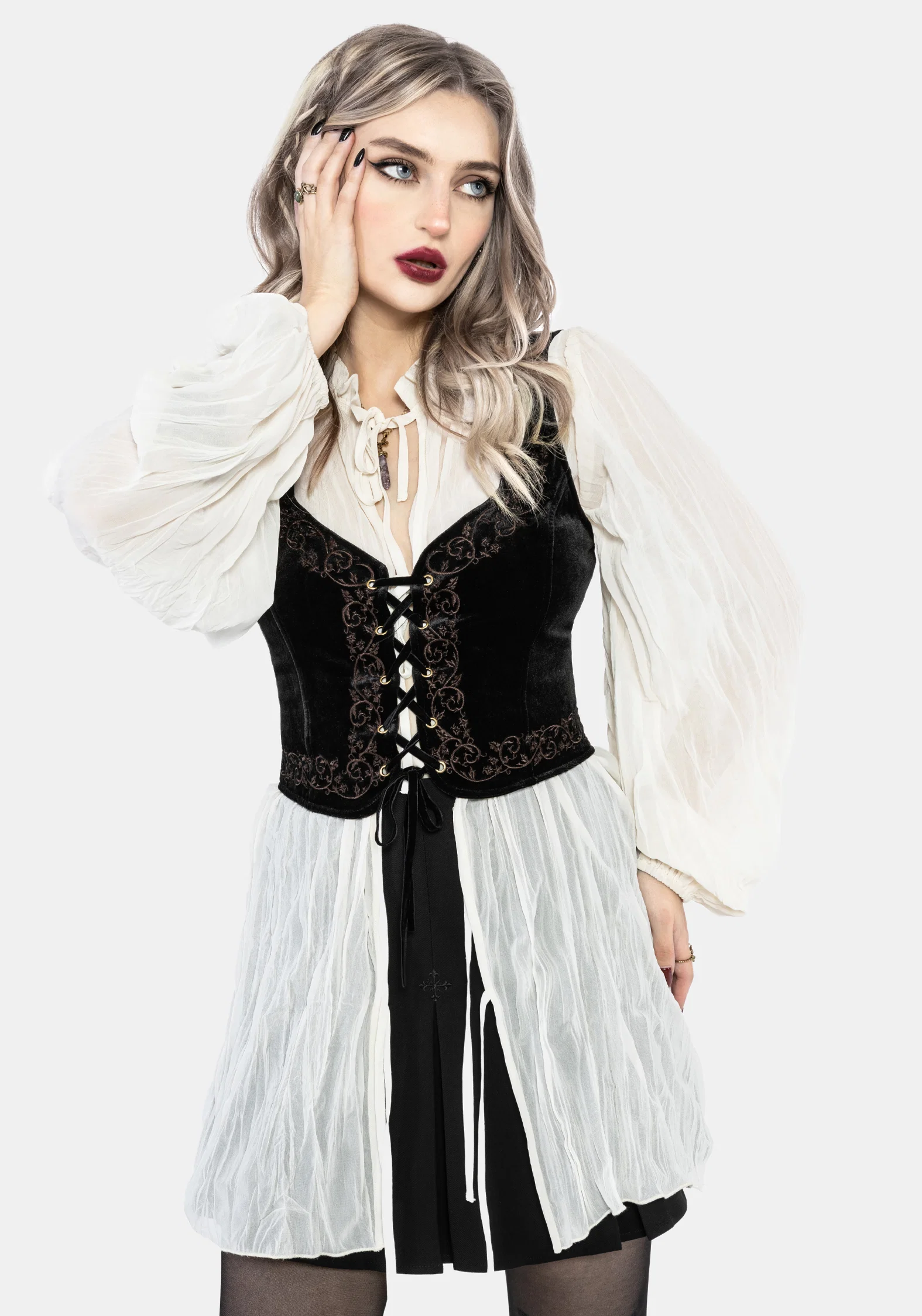 Gildra Tie Front Velour Waistcoat Corset - Image 5