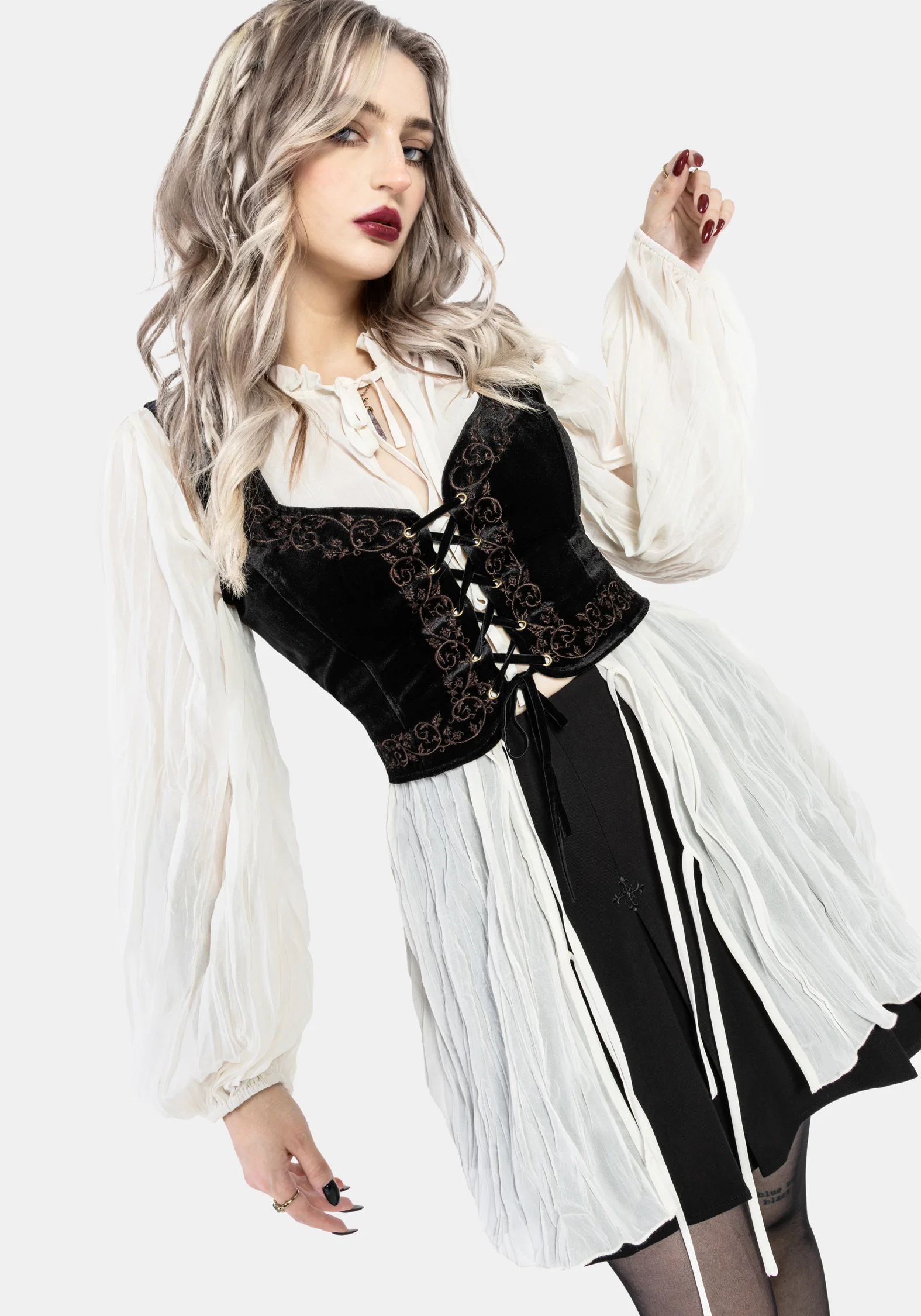 Gildra Tie Front Velour Waistcoat Corset - Image 8