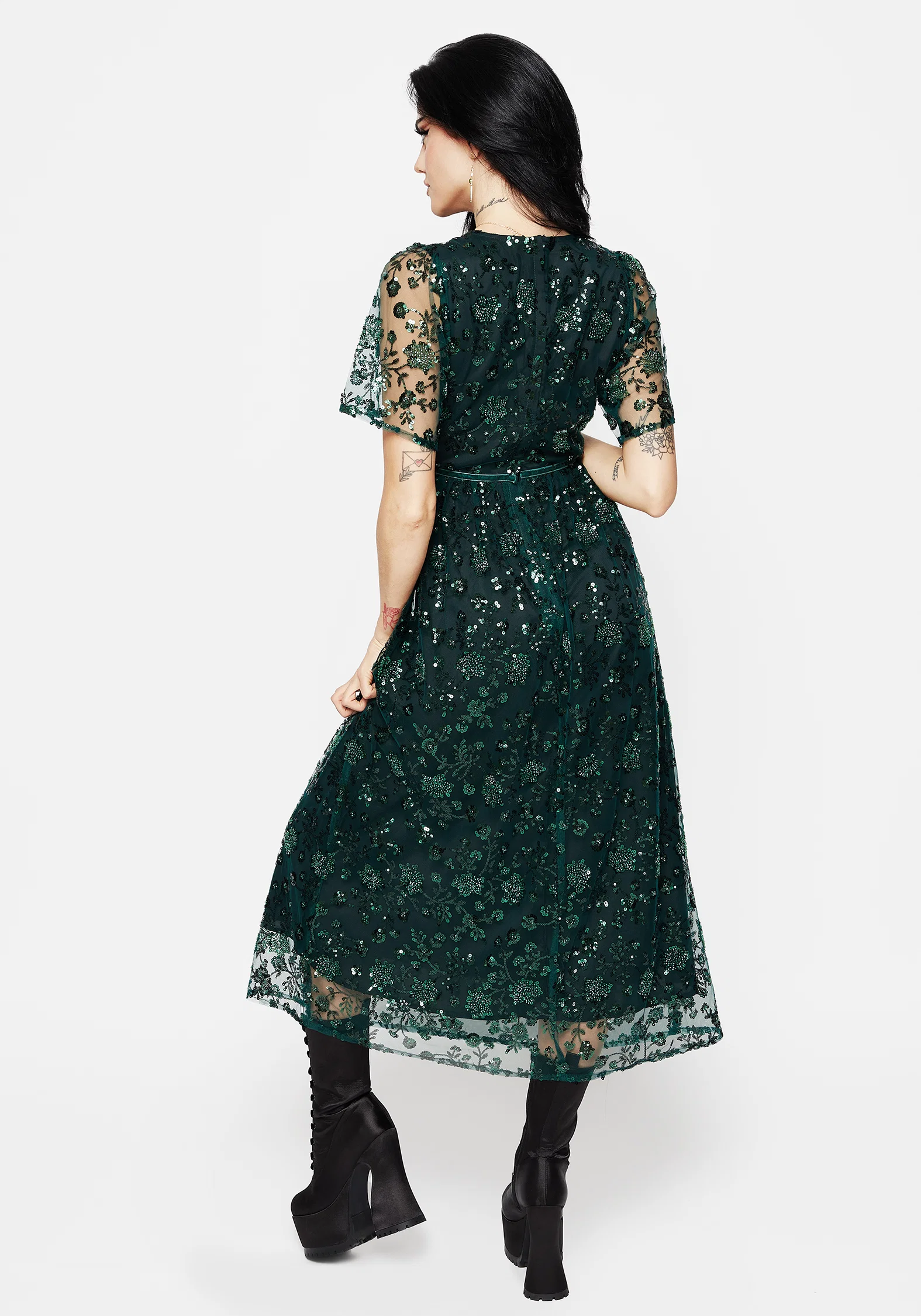 Glimmer Embroidered Sequin Lace Angel Sleeve Midaxi Dress - Image 3