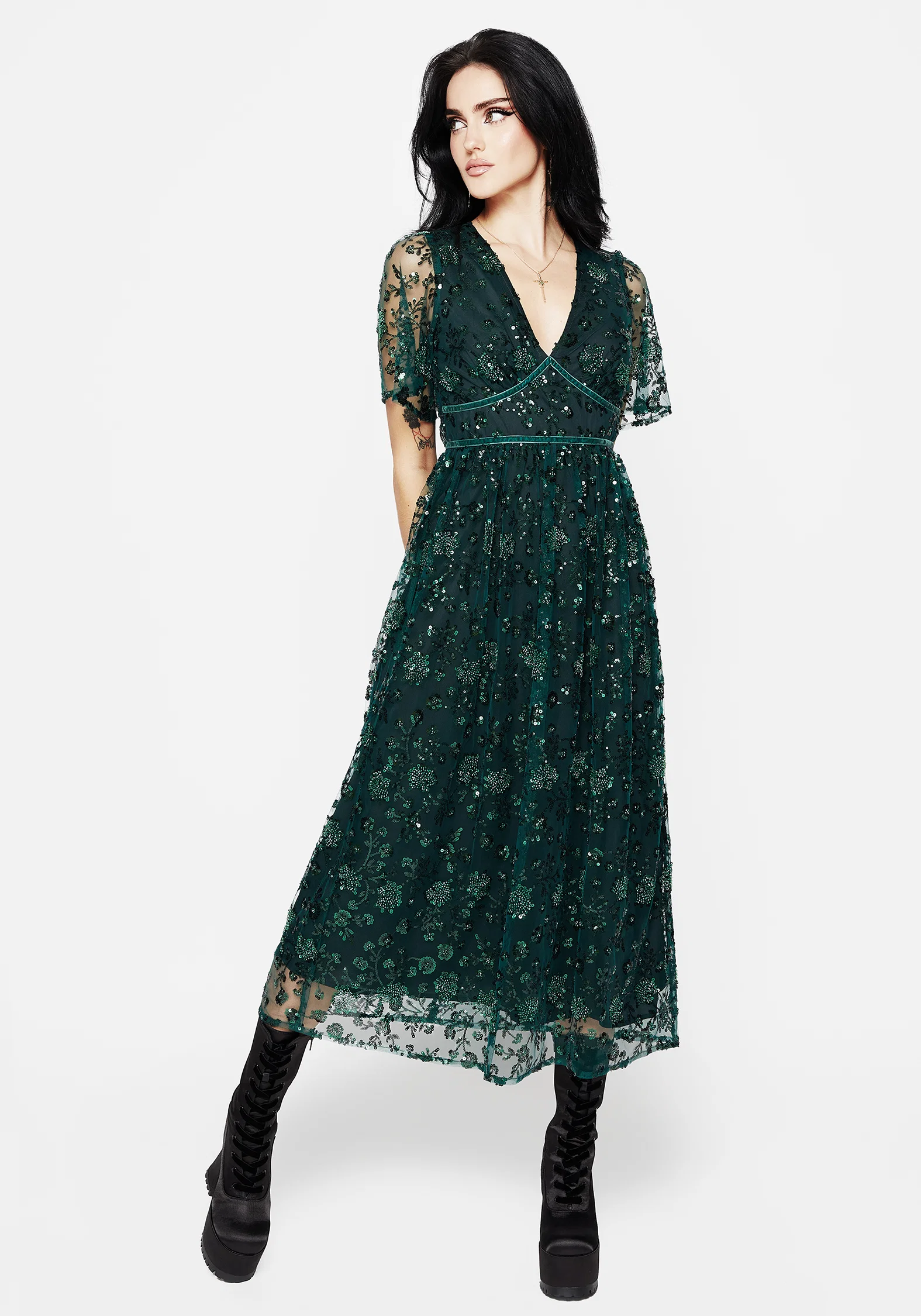 Glimmer Embroidered Sequin Lace Angel Sleeve Midaxi Dress - Image 4