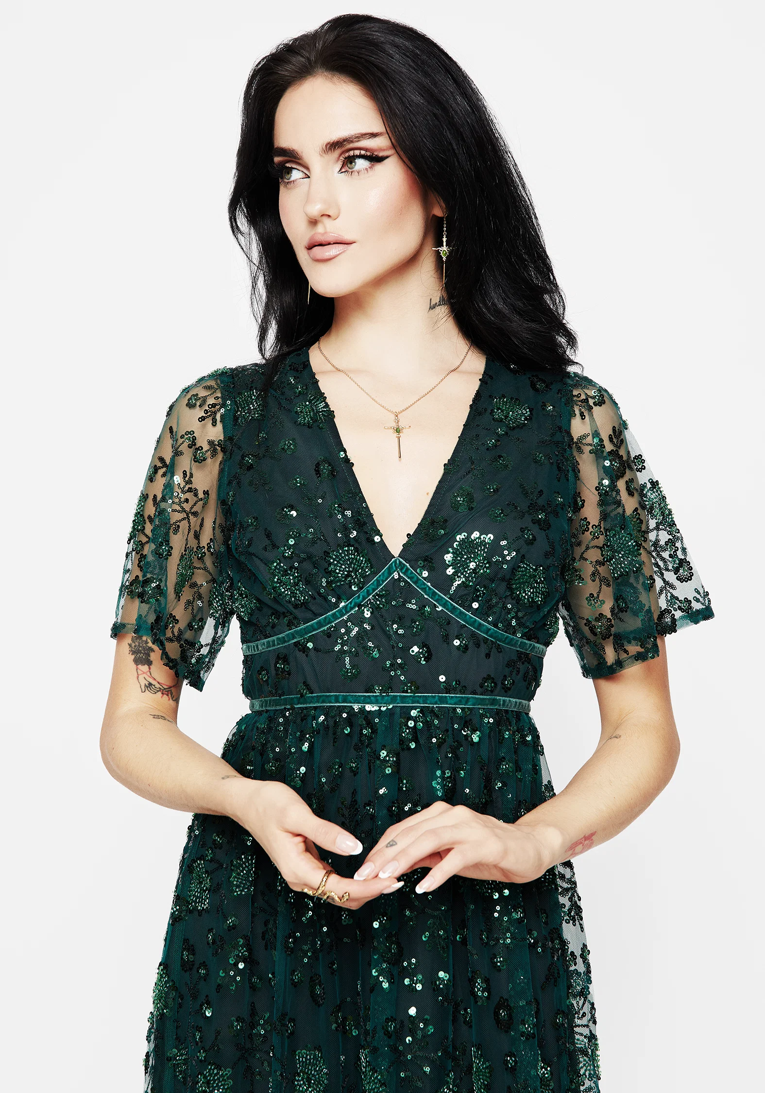 Glimmer Embroidered Sequin Lace Angel Sleeve Midaxi Dress - Image 5