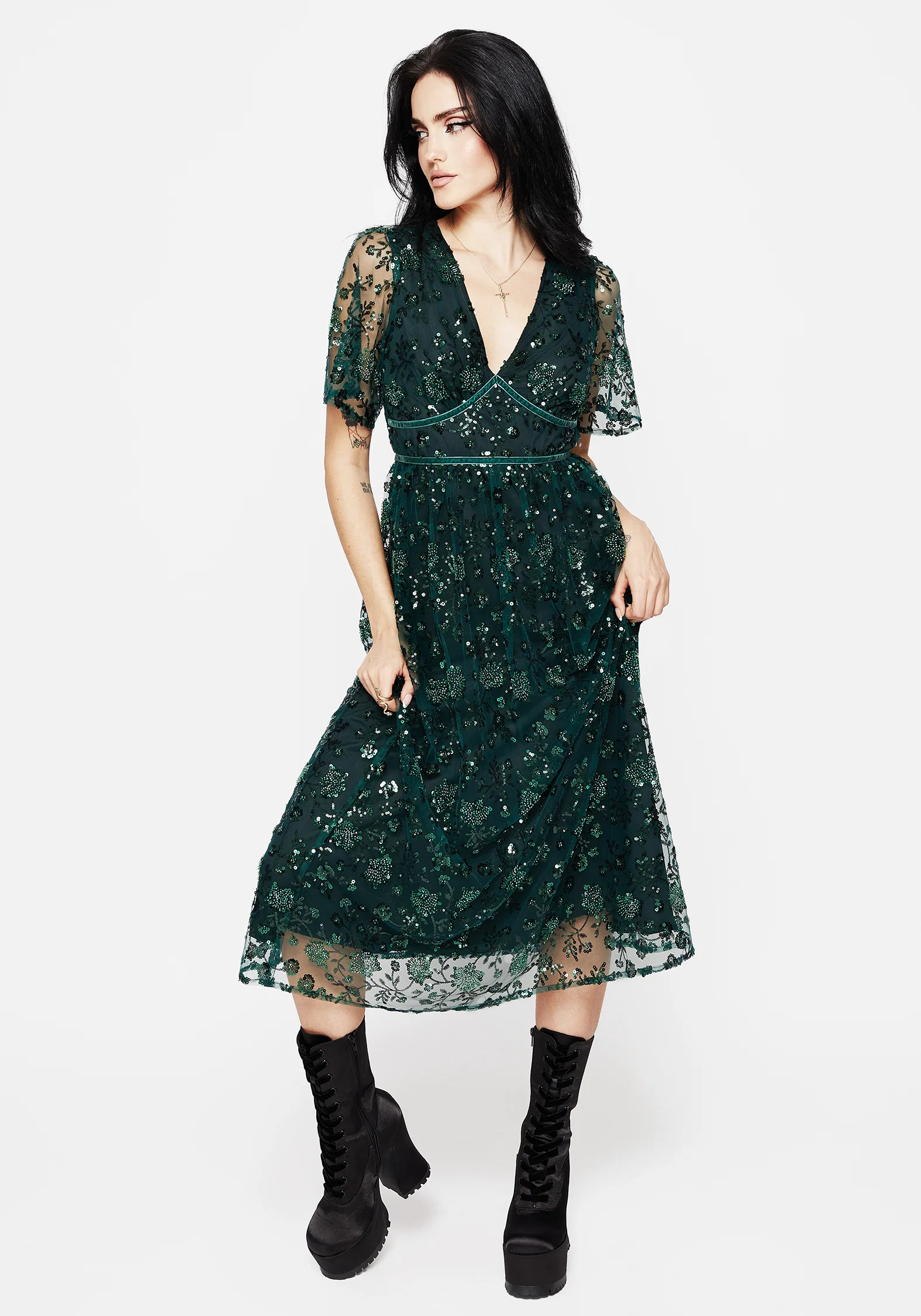 Glimmer Embroidered Sequin Lace Angel Sleeve Midaxi Dress - Image 6
