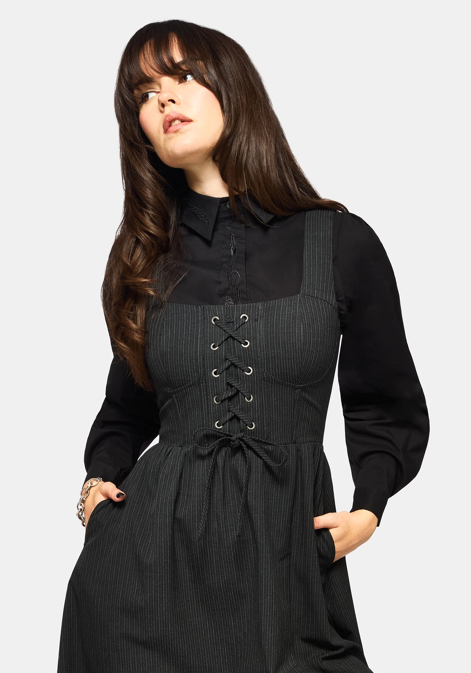 Gloom Lace Up Front Corset Detail Pinstripe Midi Dress - Image 2