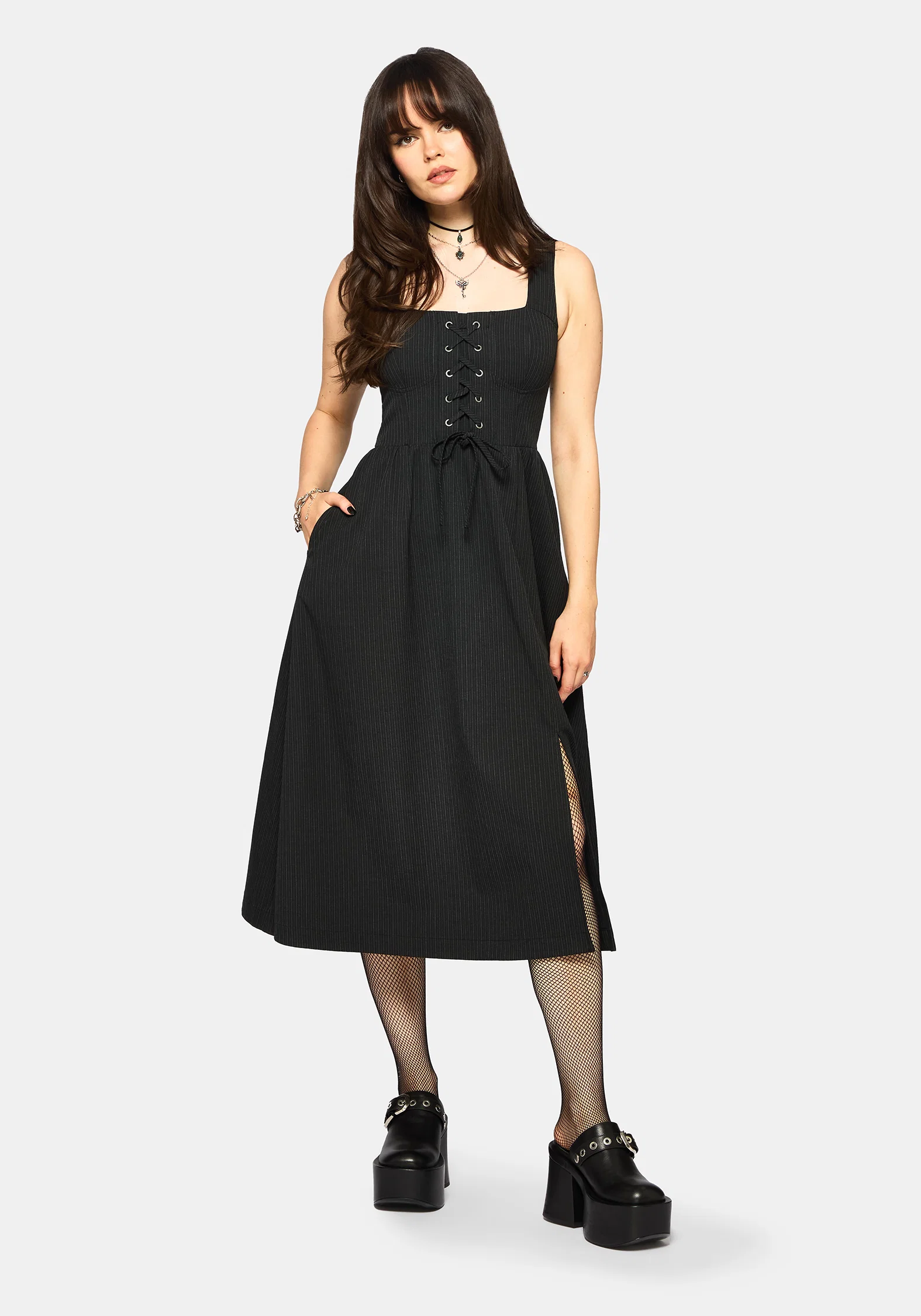 Gloom Lace Up Front Corset Detail Pinstripe Midi Dress - Image 3