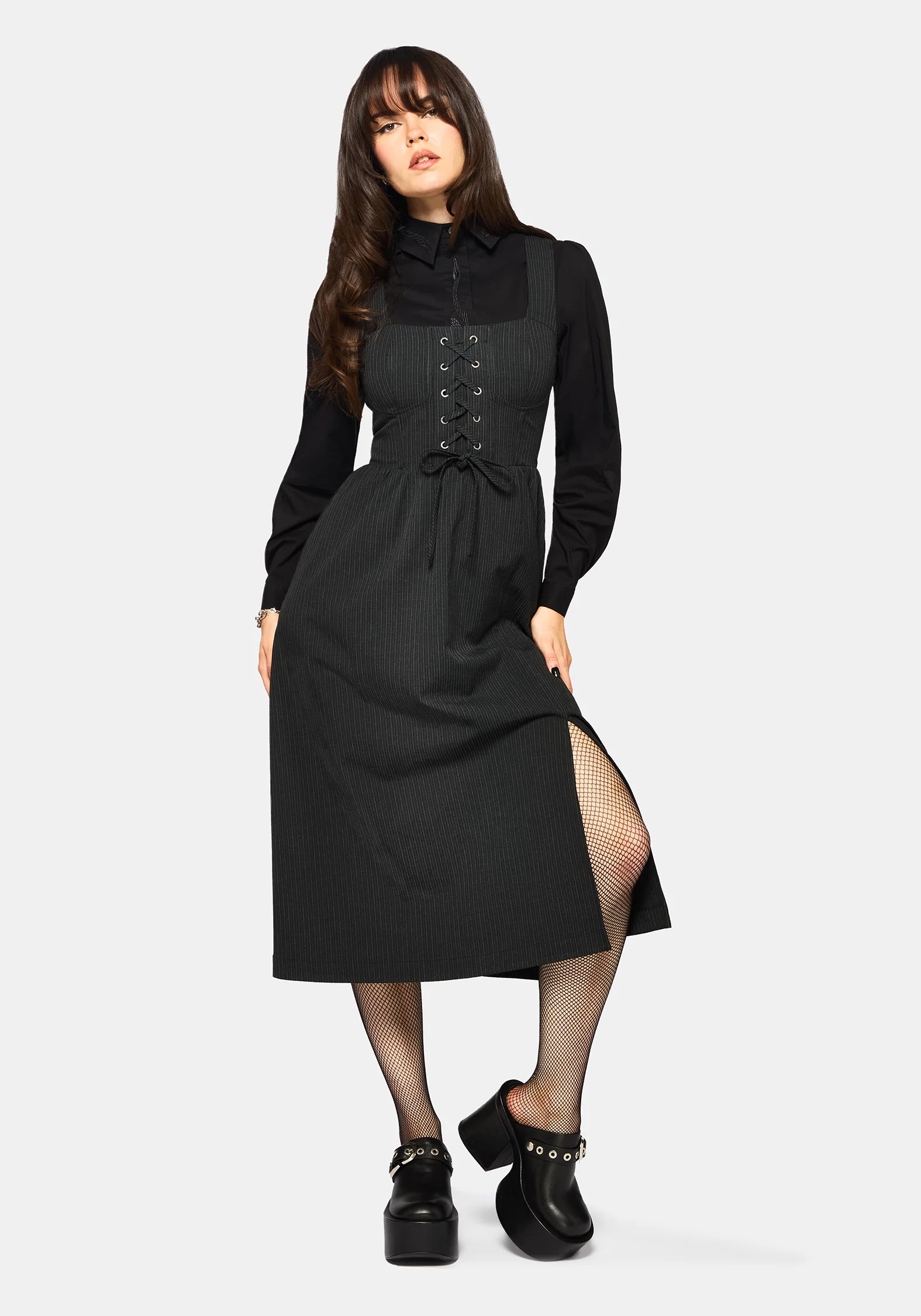 Gloom Lace Up Front Corset Detail Pinstripe Midi Dress - Image 4