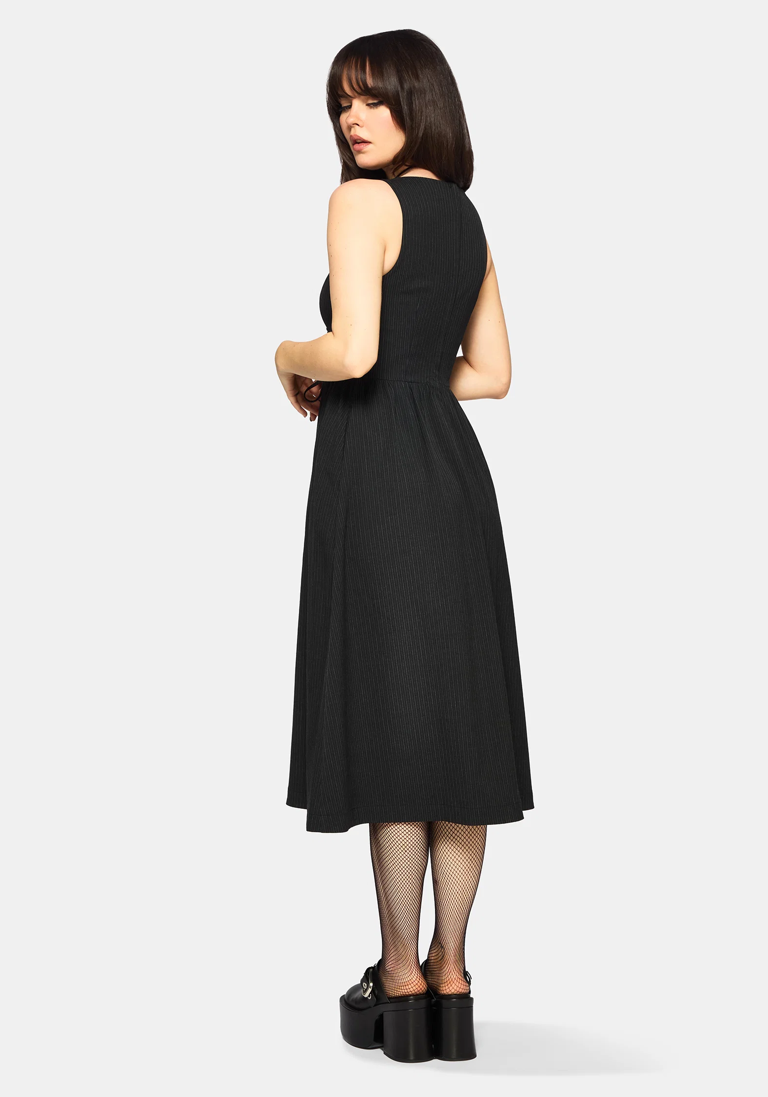 Gloom Lace Up Front Corset Detail Pinstripe Midi Dress - Image 6