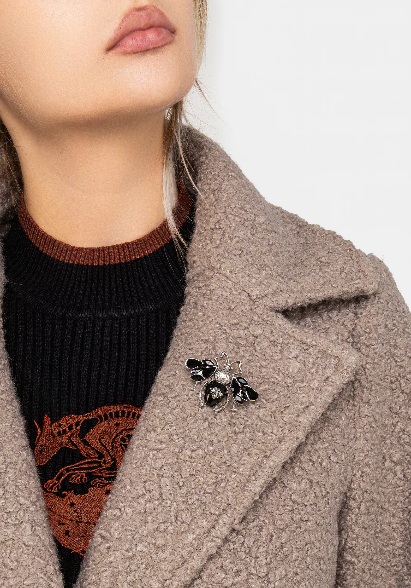 Gorgon Bouclé Longline Oversized Coat with Bee Brooch - Taupe - Image 2