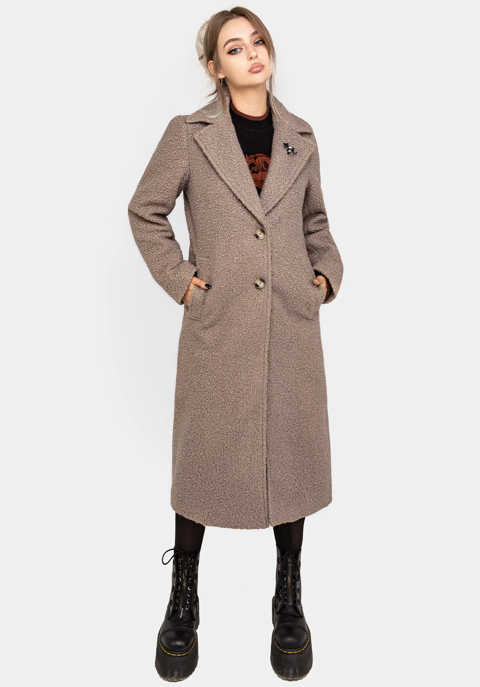 Gorgon Bouclé Longline Oversized Coat with Bee Brooch - Taupe - Image 4