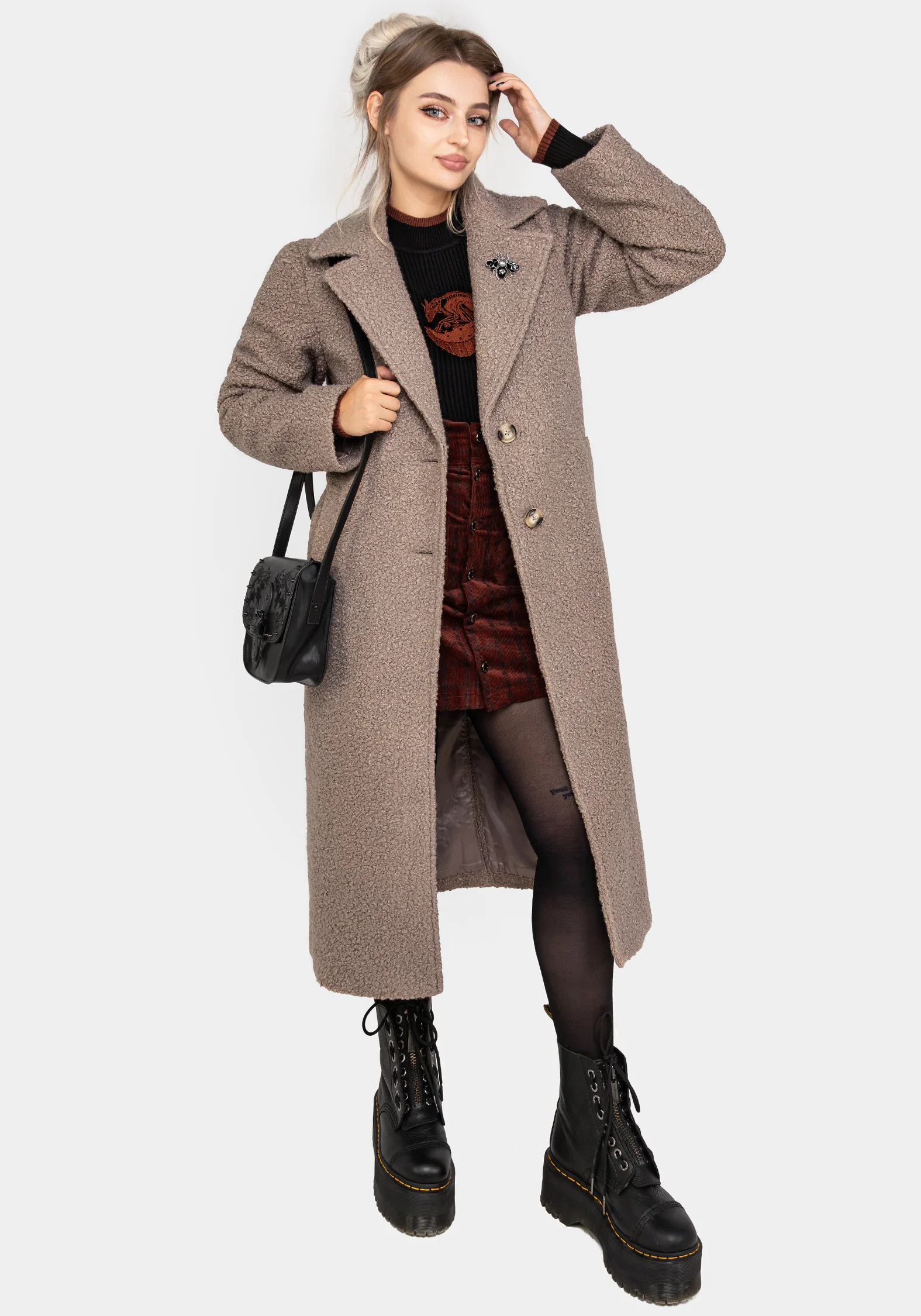 Gorgon Bouclé Longline Oversized Coat with Bee Brooch - Taupe - Image 5