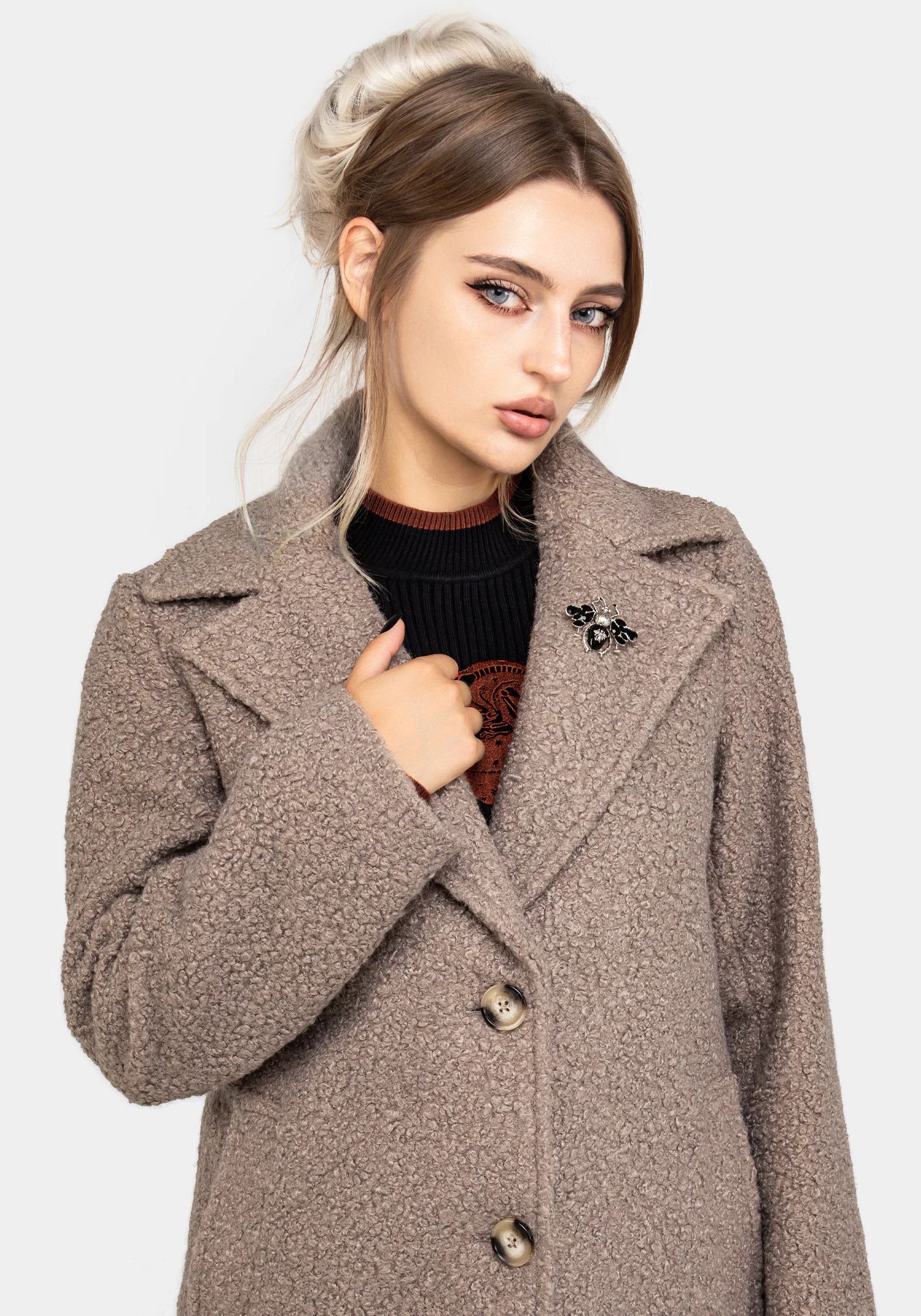 Gorgon Bouclé Longline Oversized Coat with Bee Brooch - Taupe - Image 6