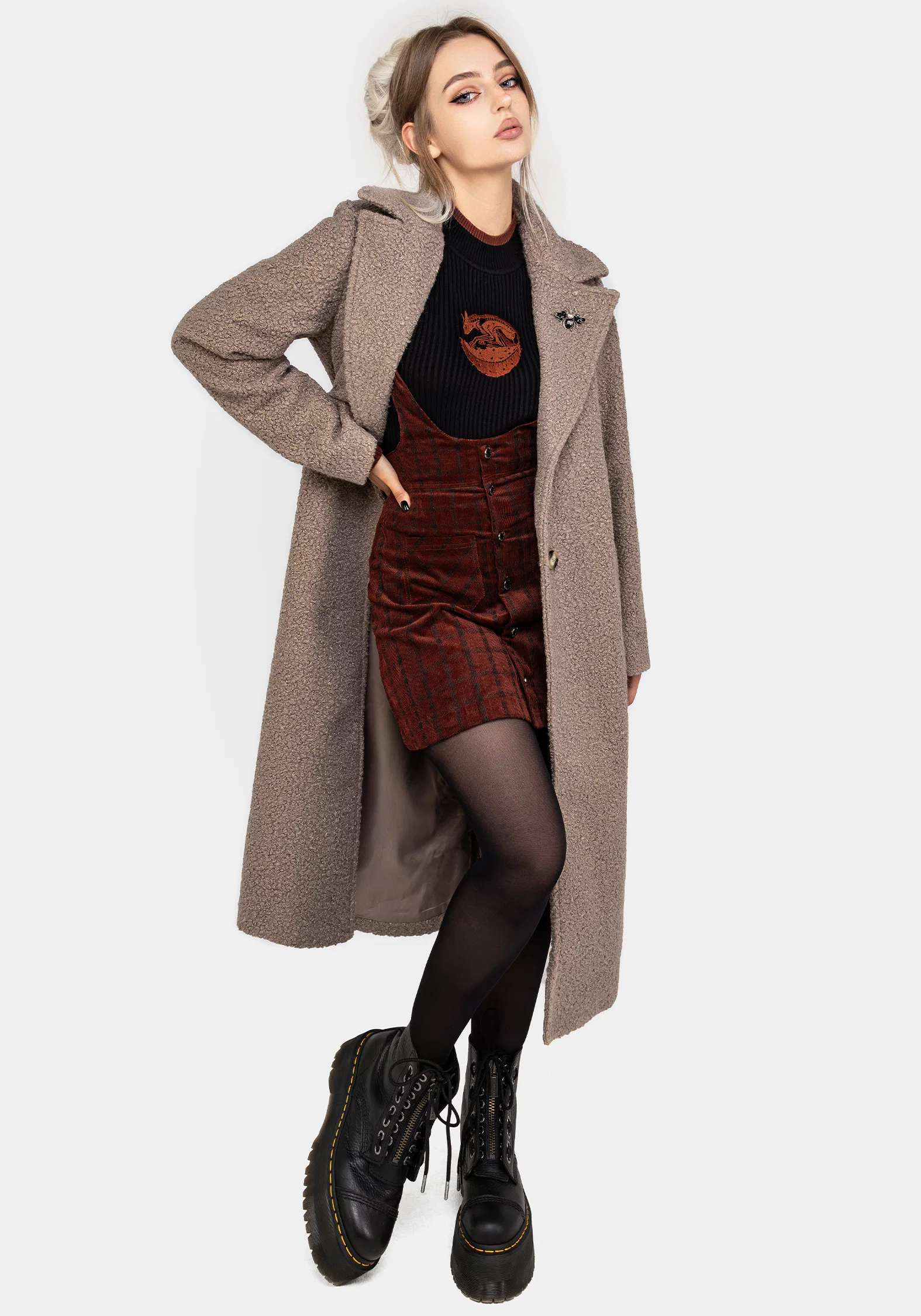 Gorgon Bouclé Longline Oversized Coat with Bee Brooch - Taupe - Image 7