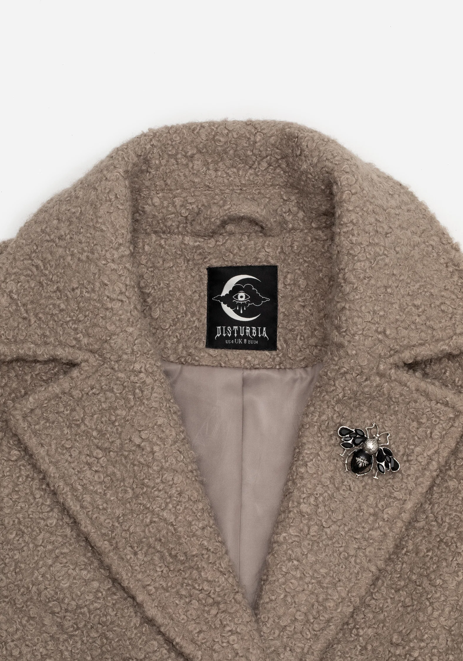 Gorgon Bouclé Longline Oversized Coat with Bee Brooch - Taupe - Image 9