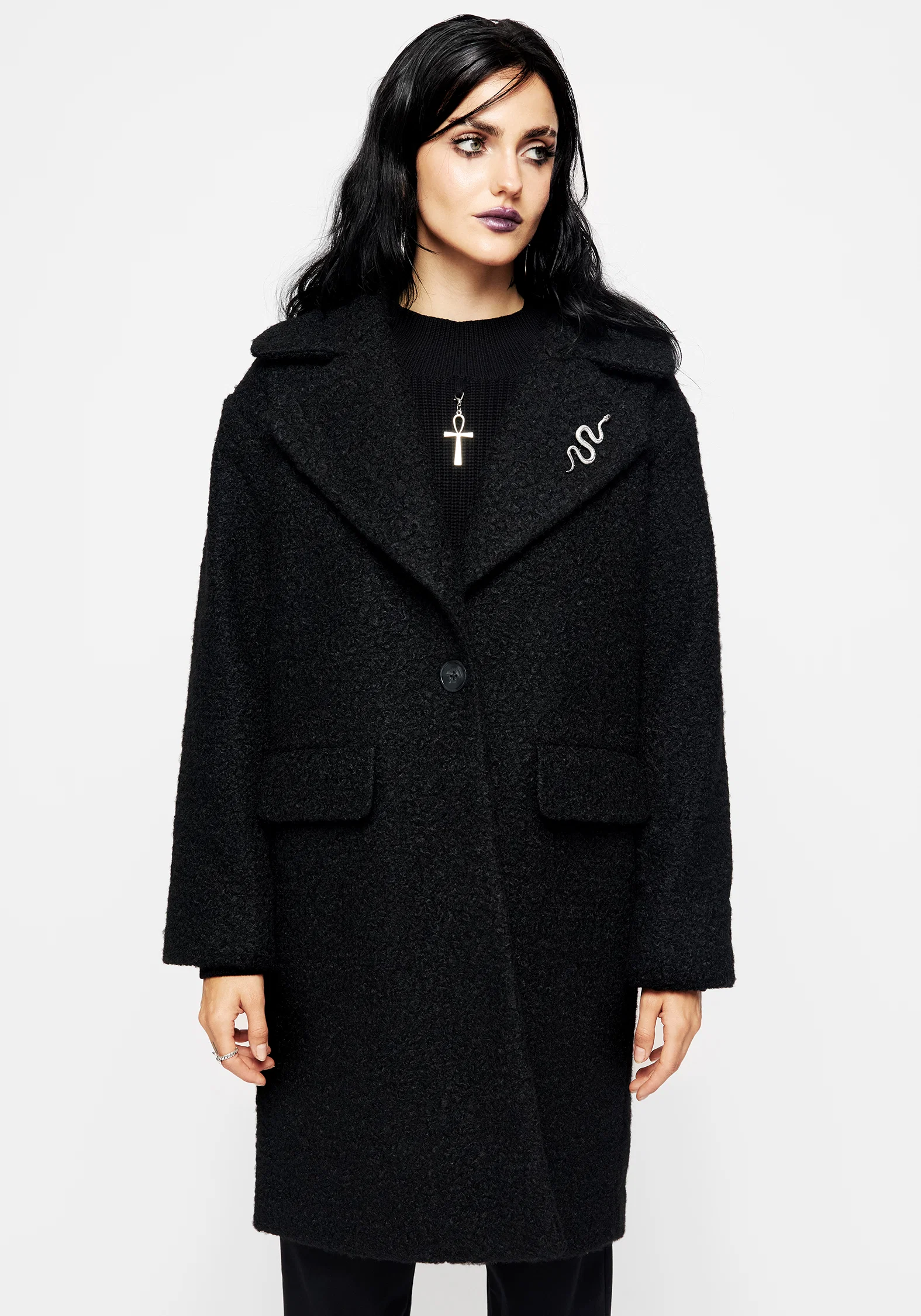 Gorgon Bouclé Oversized Coat with Snake Brooch - Black - Image 4