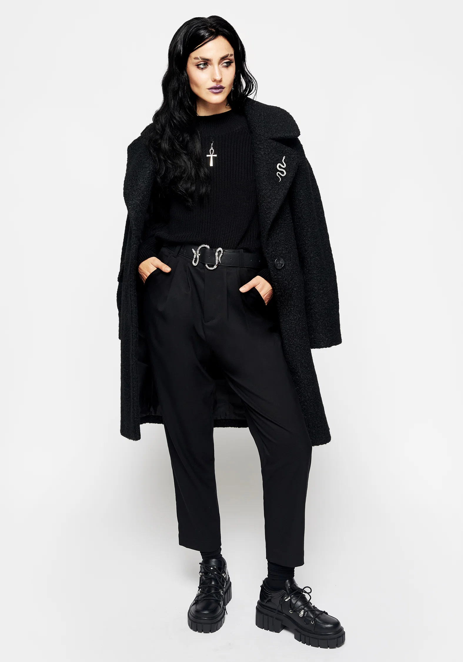 Gorgon Bouclé Oversized Coat with Snake Brooch - Black - Image 5