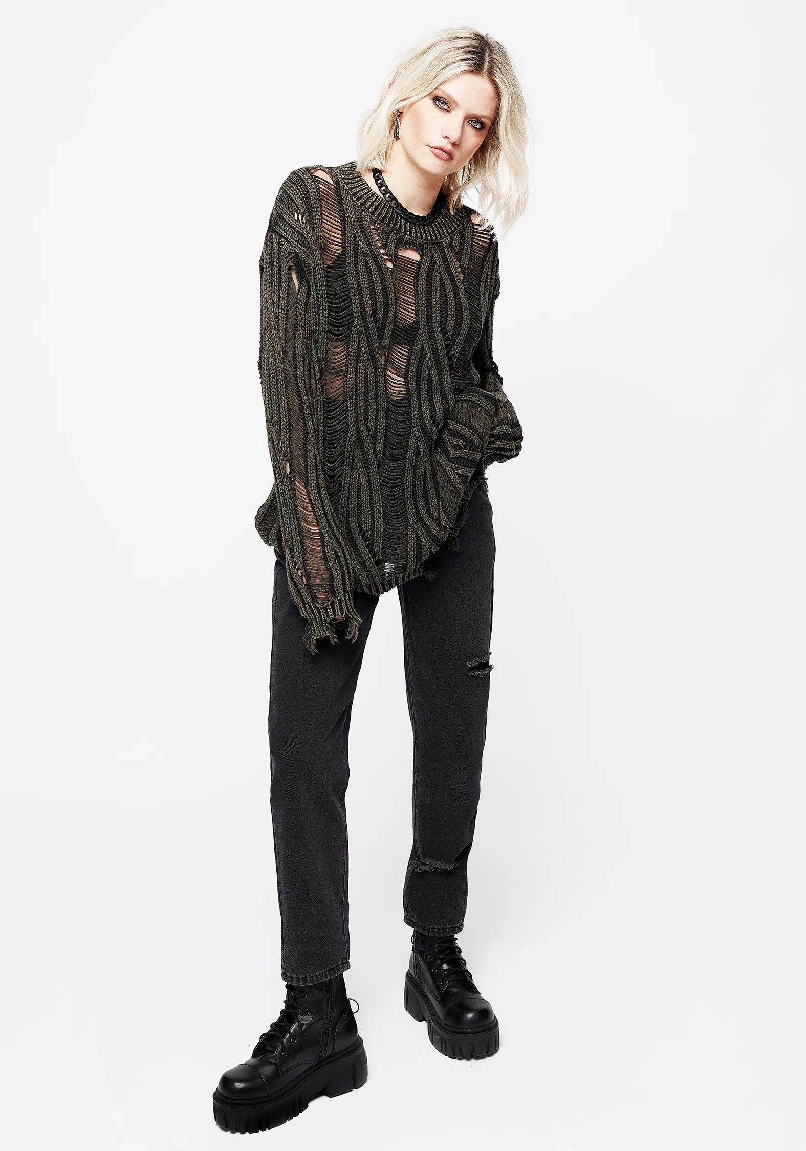 Granite Ladder Stitch Distressed Cable Knit Jumper - Image 6