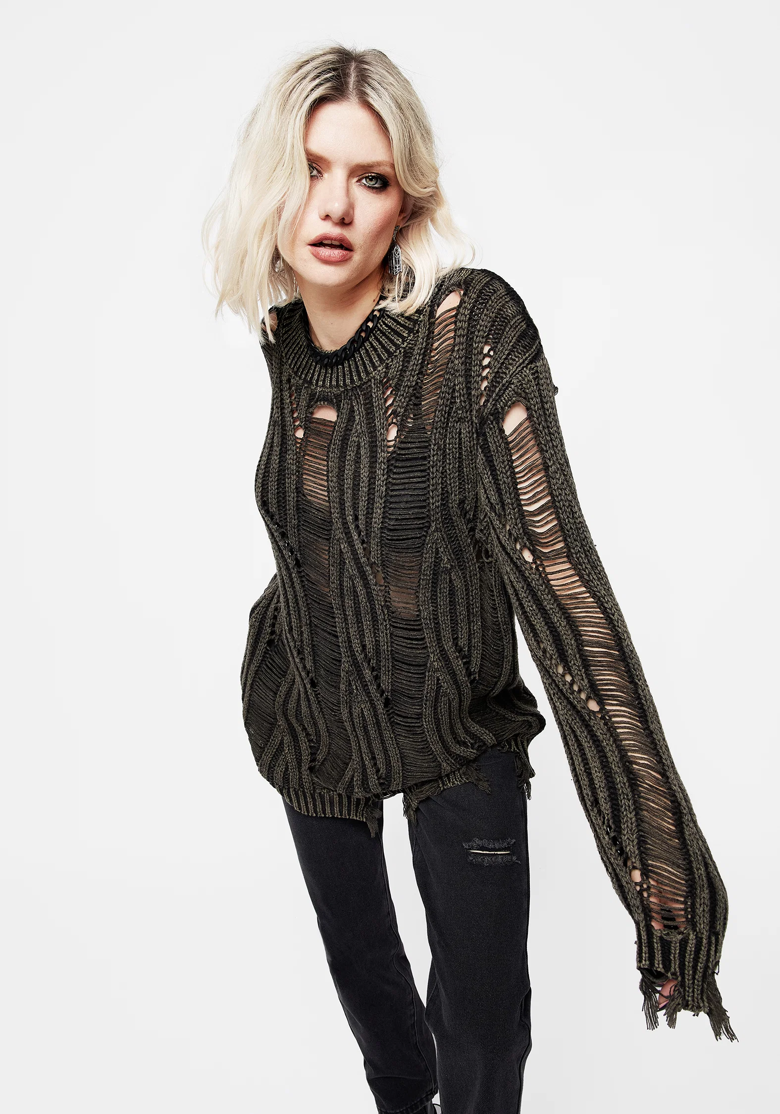 Granite Ladder Stitch Distressed Cable Knit Jumper - Image 7