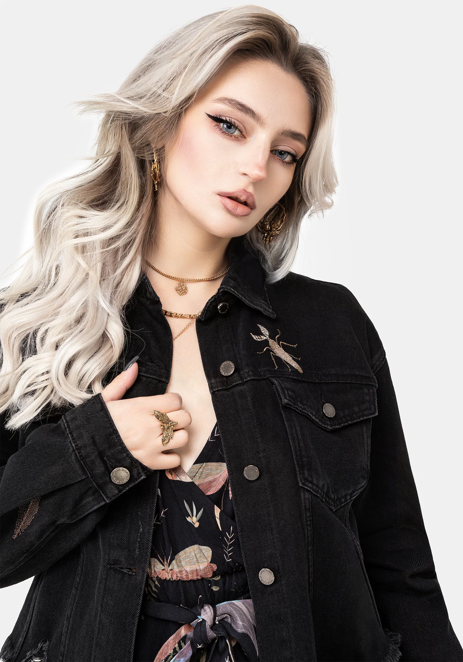 Griffinfly Embroidered Distressed Denim Jacket - Image 4