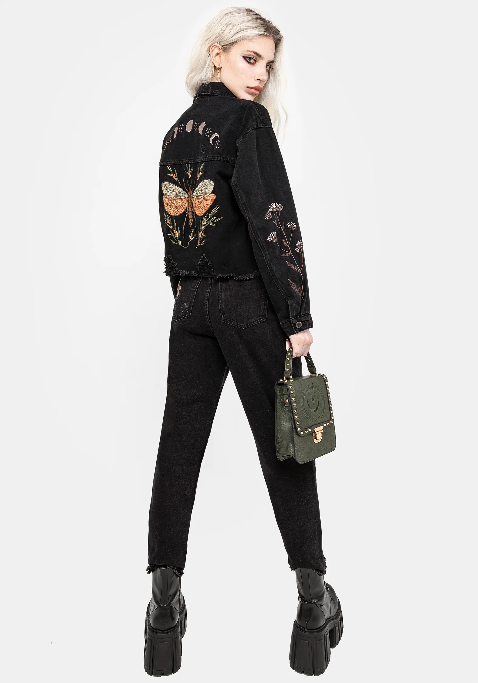 Griffinfly Embroidered Distressed Denim Jacket - Image 9